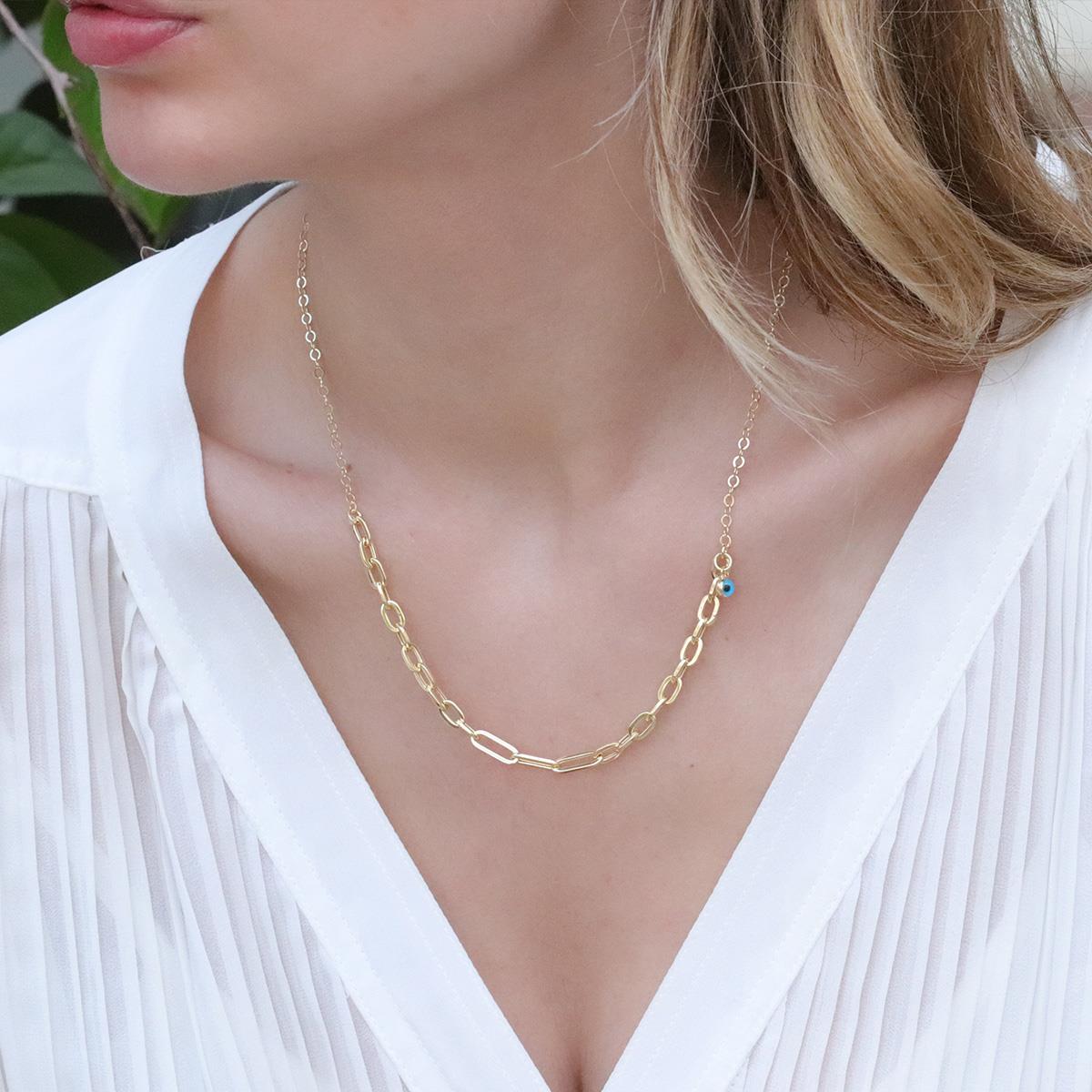 Tek Nazar Boncuklu Trend Zincirli Gold Kaplama Hallow Gümüş Kolye