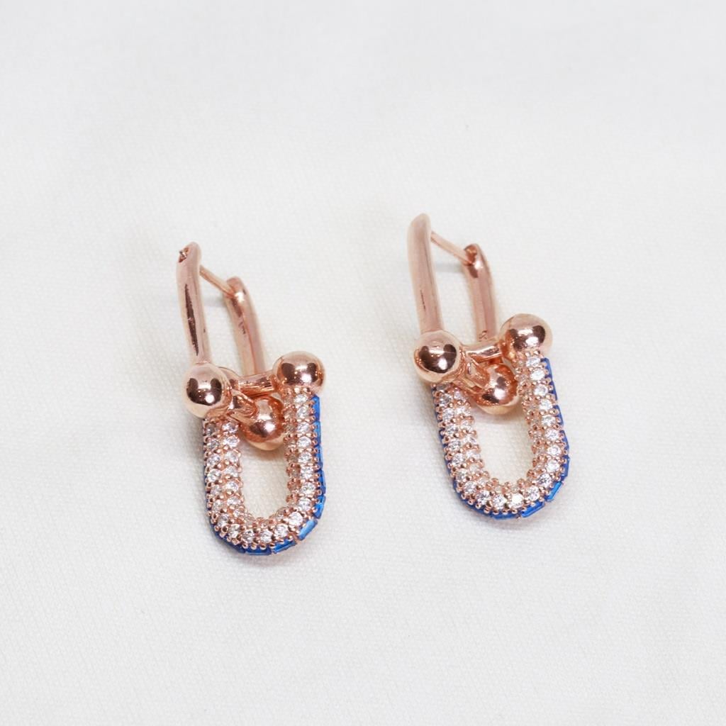 Tif Model Mavi DetayZirkon Taşlı Rose Gold Kaplama Gümüş Küpe