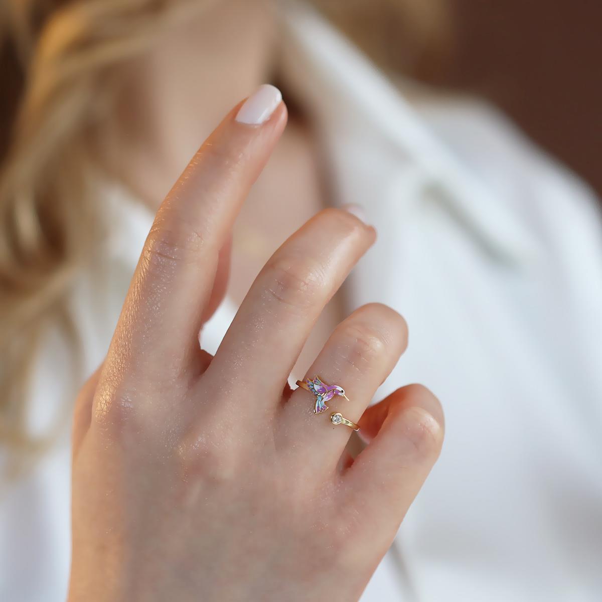 Totem Kuşu Renkli Mine İşli Gold Kaplama Gümüş Yüzük