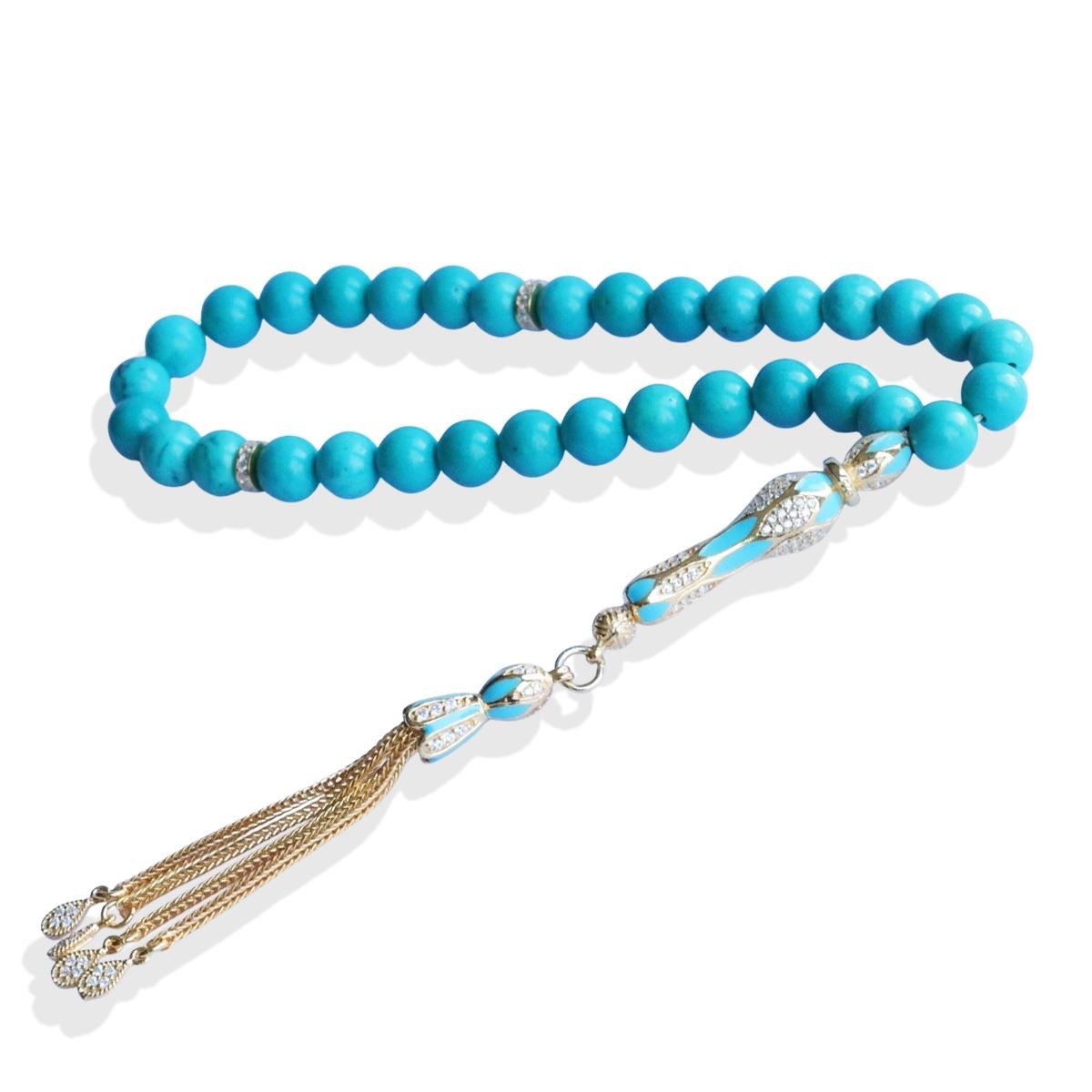 Turkuaz Doğaltaşlı Gold Gümüş Tesbih