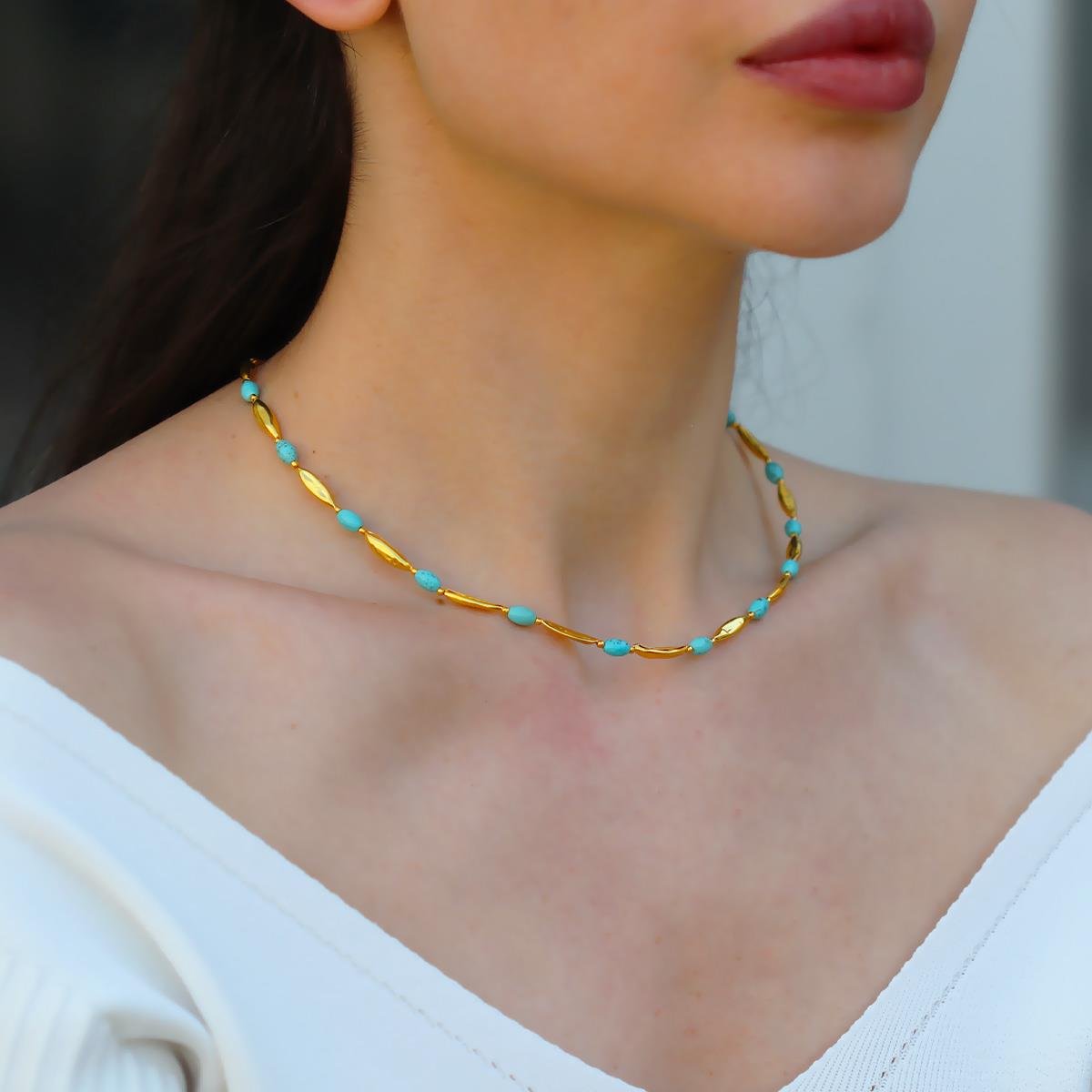 Turkuaz Taşlı Alaçatı Doğaltaş Gümüş Kolye