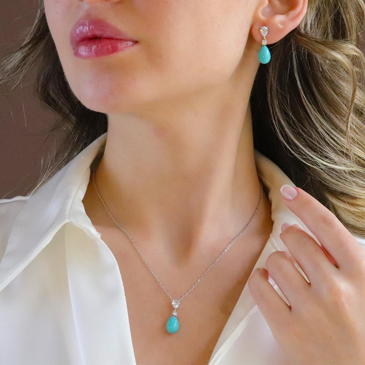 Turkuaz Taşlı Damla Gümüş Set 