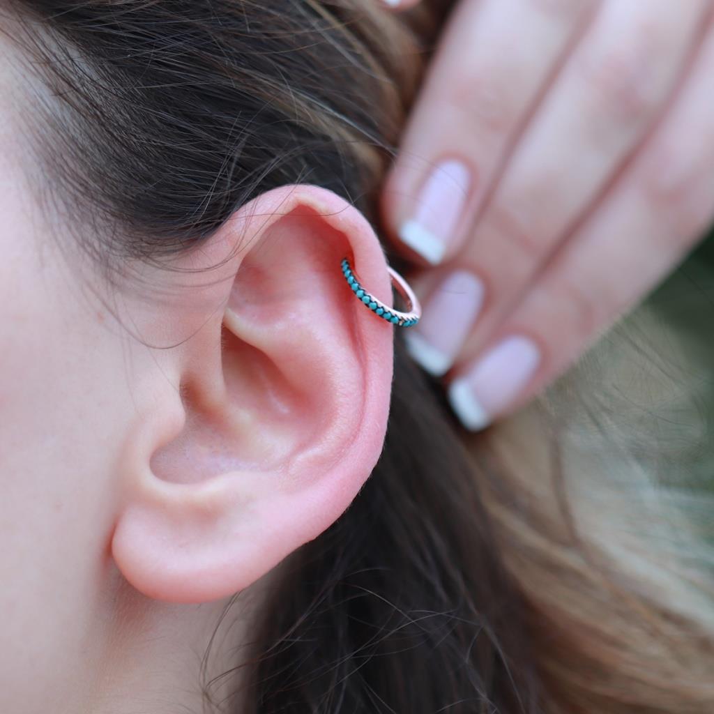 Turkuaz Taşlı Rose Gold Kaplama Gümüş Kıkırdak Küpe