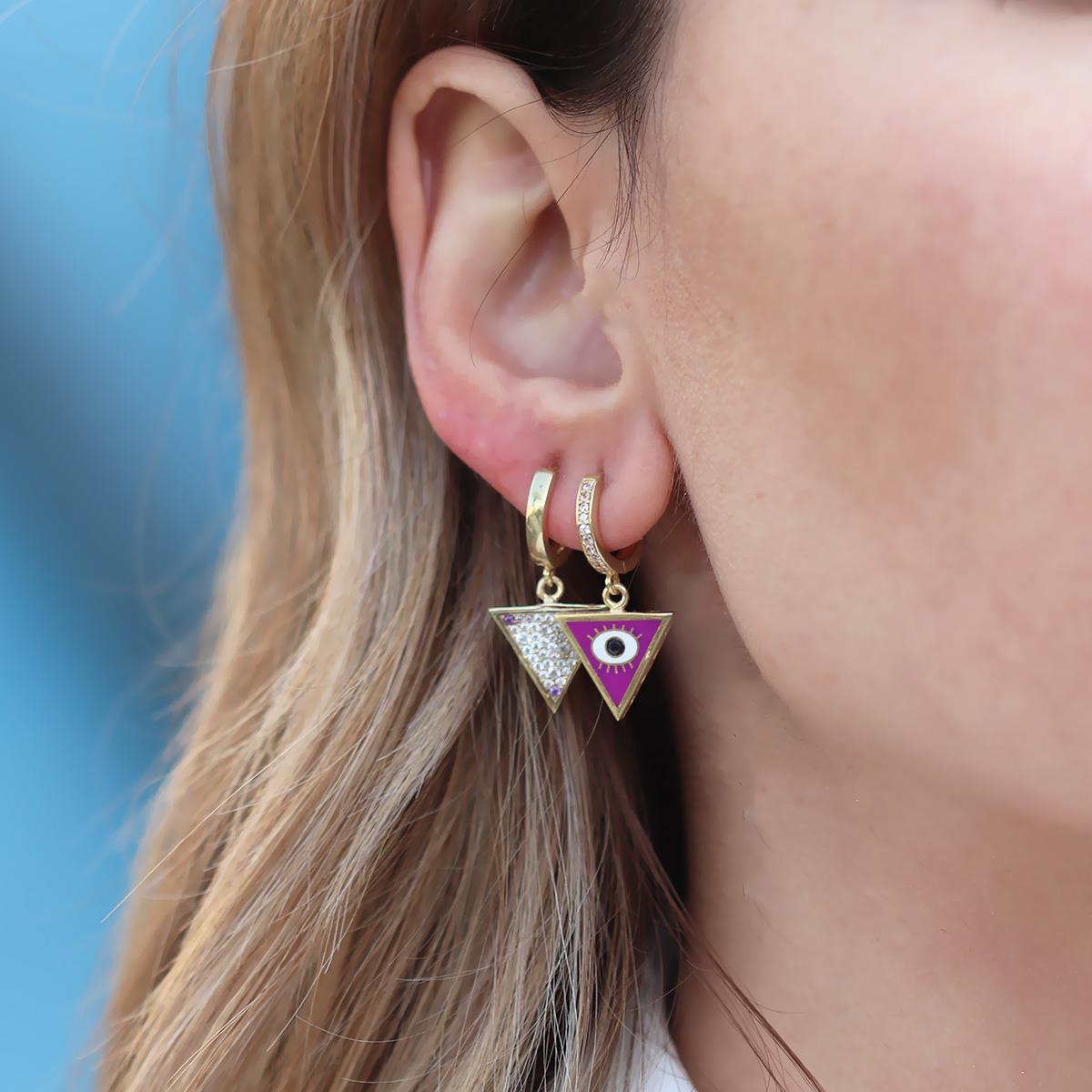 Üçgen Çift Taraflı Mineli Gümüş Küpe