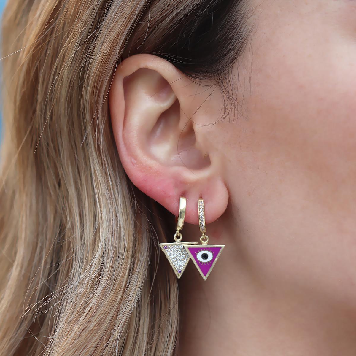 Üçgen Çift Taraflı Mineli Gümüş Küpe