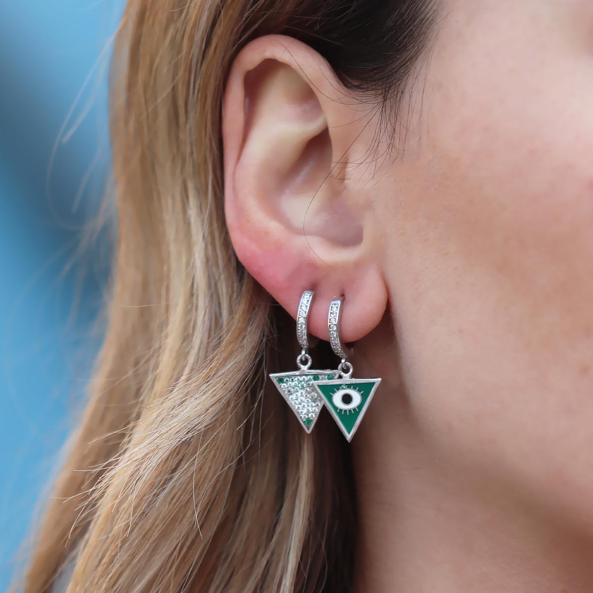 Üçgen Çift Taraflı Mineli Gümüş Küpe