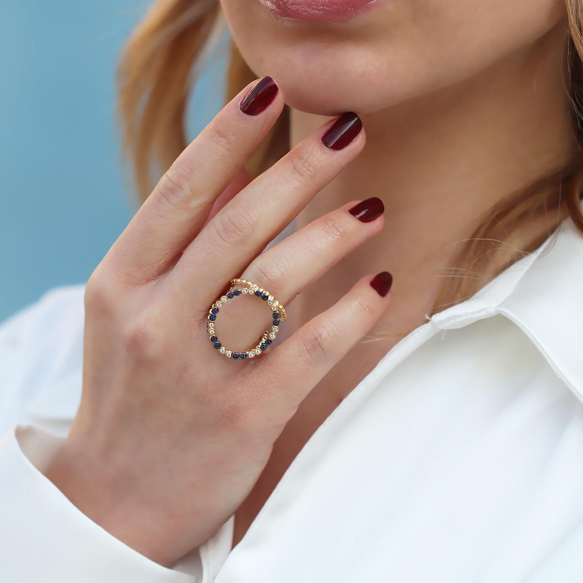 Well 3 Taraflı Gold Kaplama Çok Renkli Gümüş Yüzük