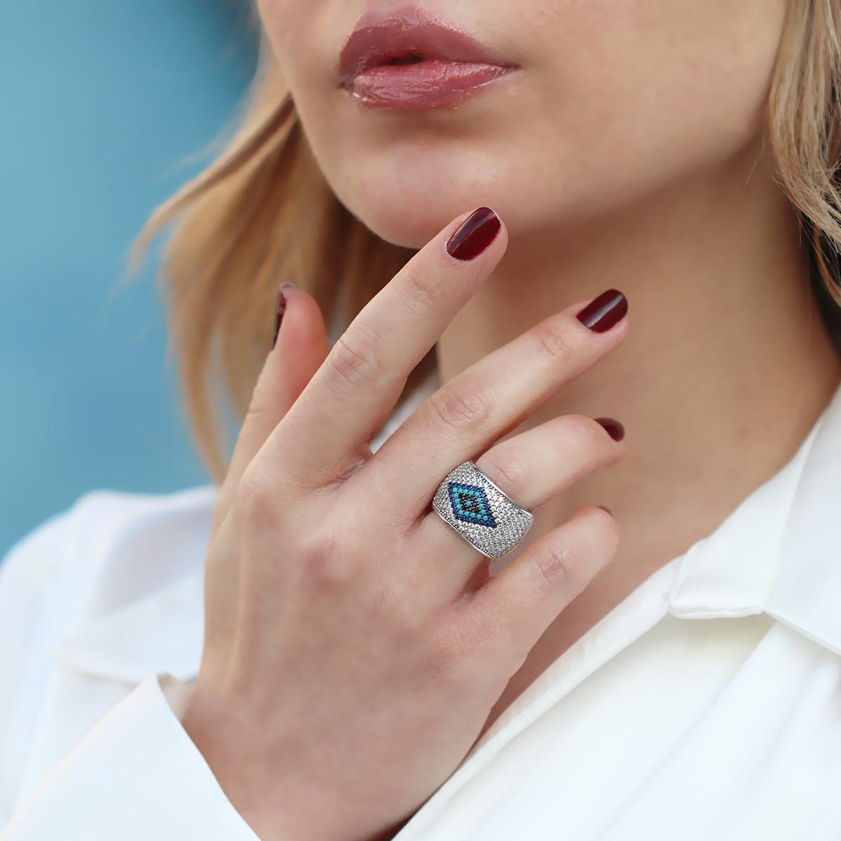 Wonderland Eye Çift Taraflı Renkli Mine İşli Gümüş Yüzük