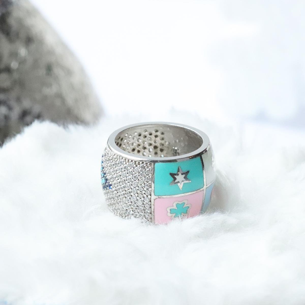 Wonderland Eye Çift Taraflı Renkli Mine İşli Gümüş Yüzük