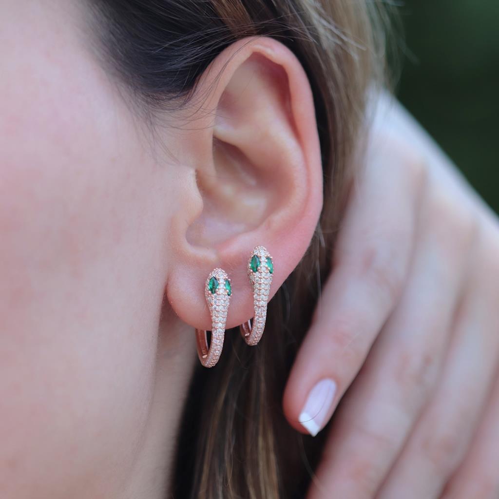 Yeşil Gözlü Rose Gold Kaplama Zirkon Taşlı Yılan Gümüş Küpe
