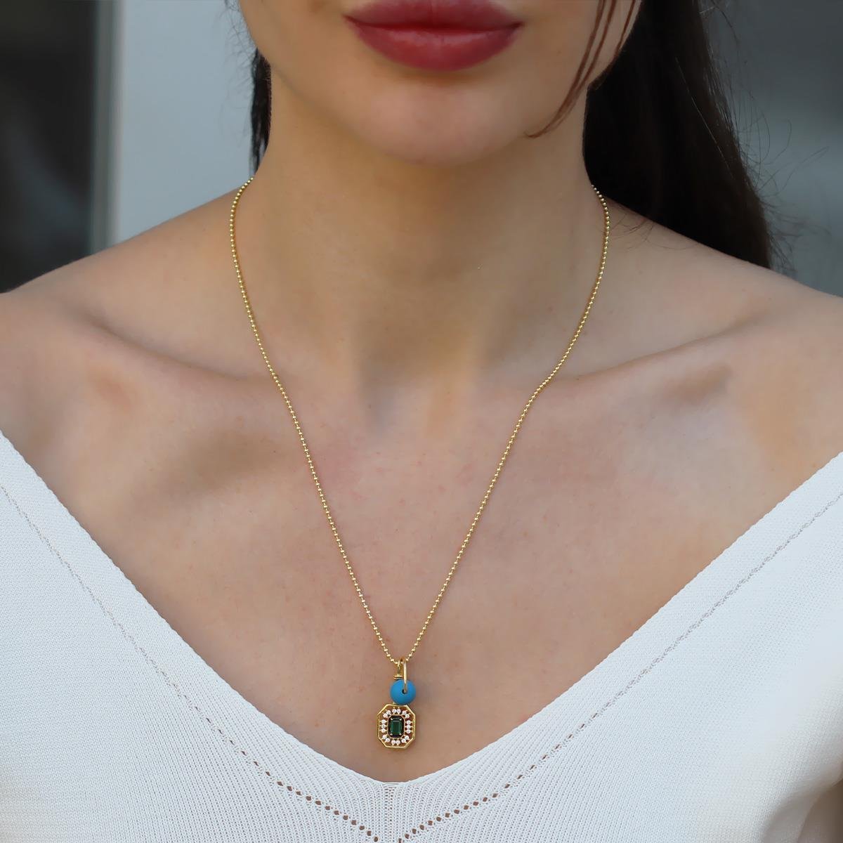 Yeşil Taşlı Seranay Gold Gümüş Kolye