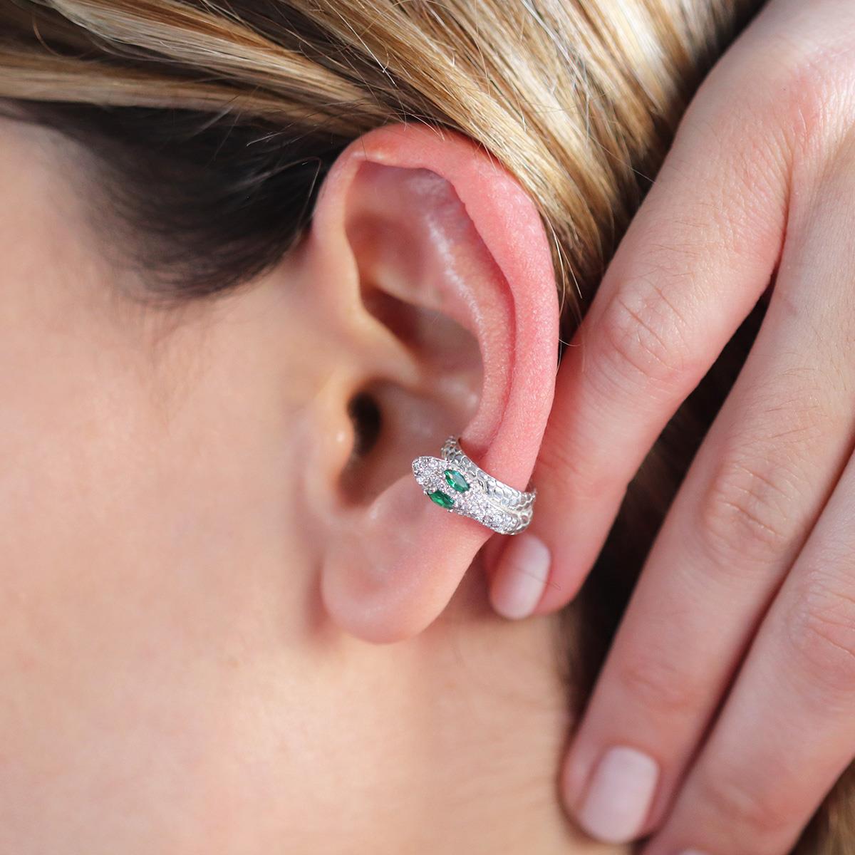 Yeşil Zirkon Taş Detaylı Kıkırdak Yılan Gümüş Küpe