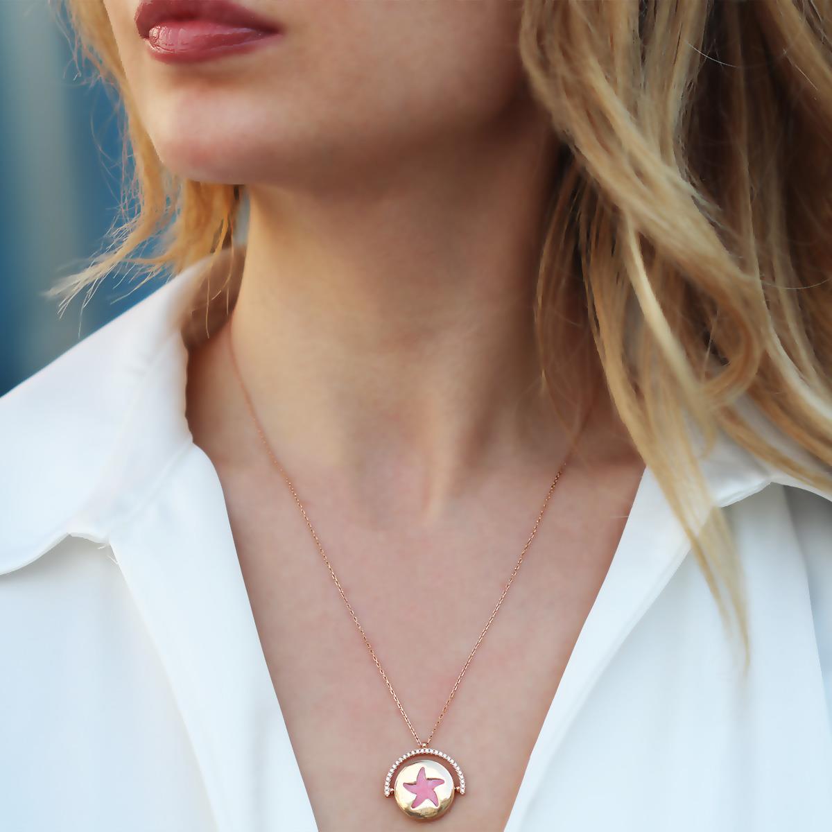 Yıldızlı Çift Taraflı Rose Gold Kaplama Gümüş Kolye