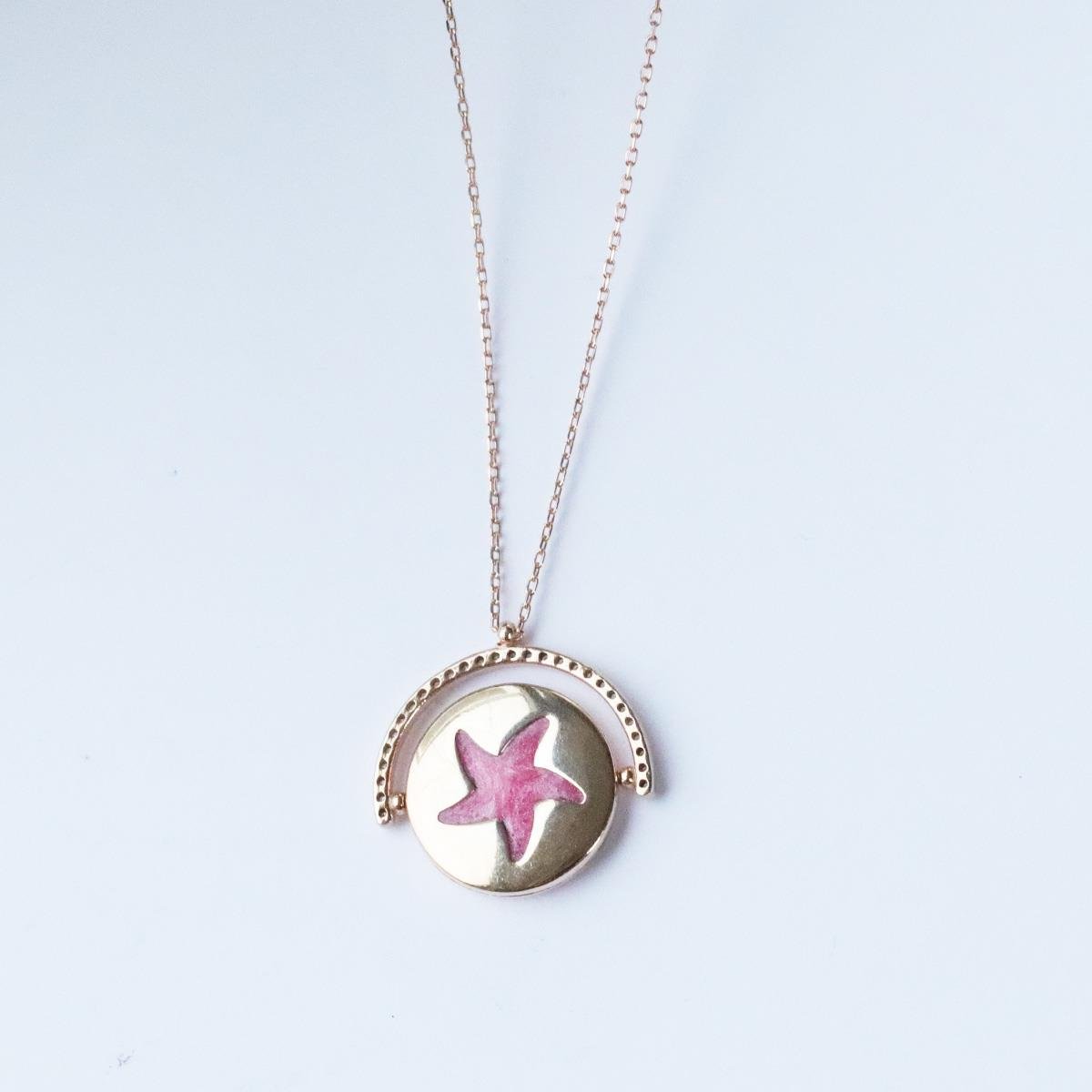 Yıldızlı Çift Taraflı Rose Gold Kaplama Gümüş Kolye