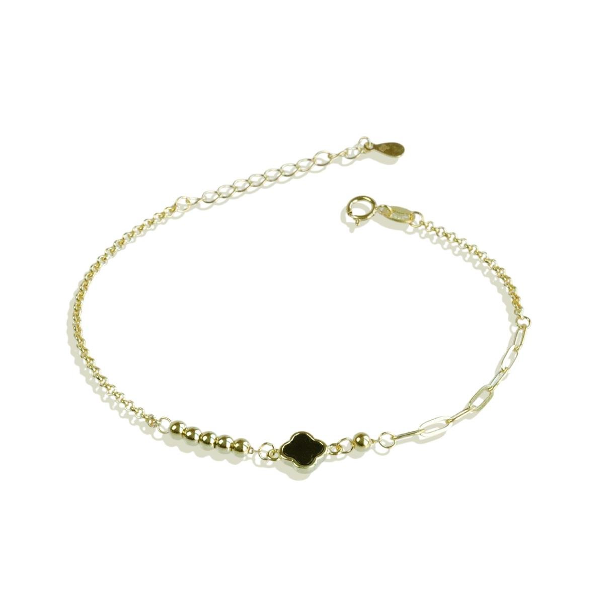 Yonca Siyah Mineli Trend Gold Gümüş Bileklik