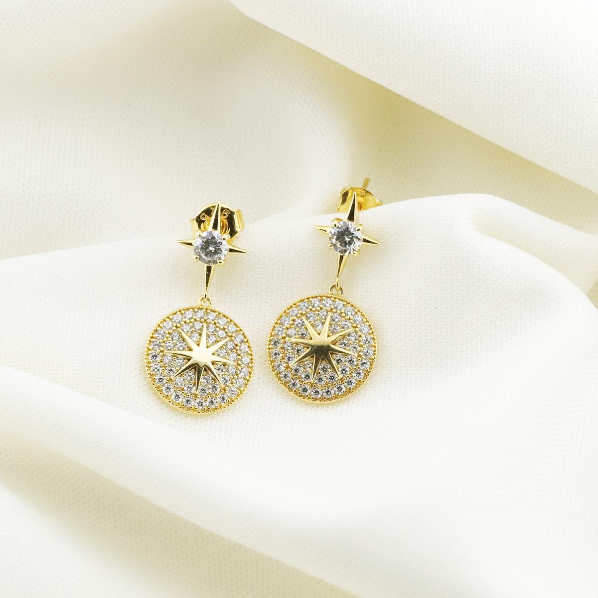 Zirkon Taşlı Gold Kaplama Kutup Yıldızı Gümüş Küpe