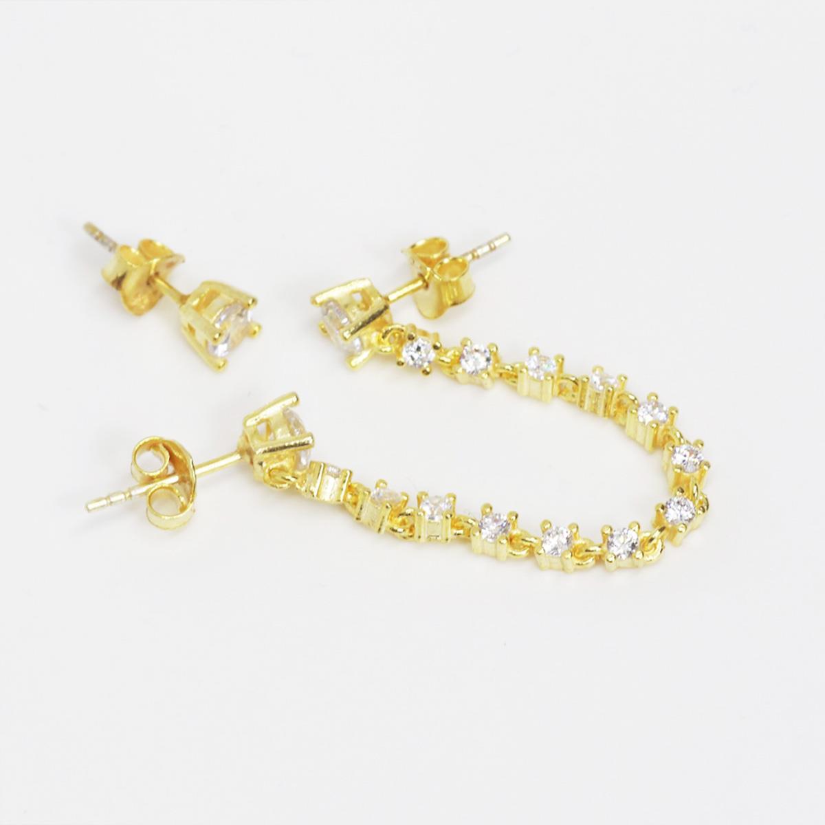 Zirkon Taşlı Gold Kaplama Zincir Küpe