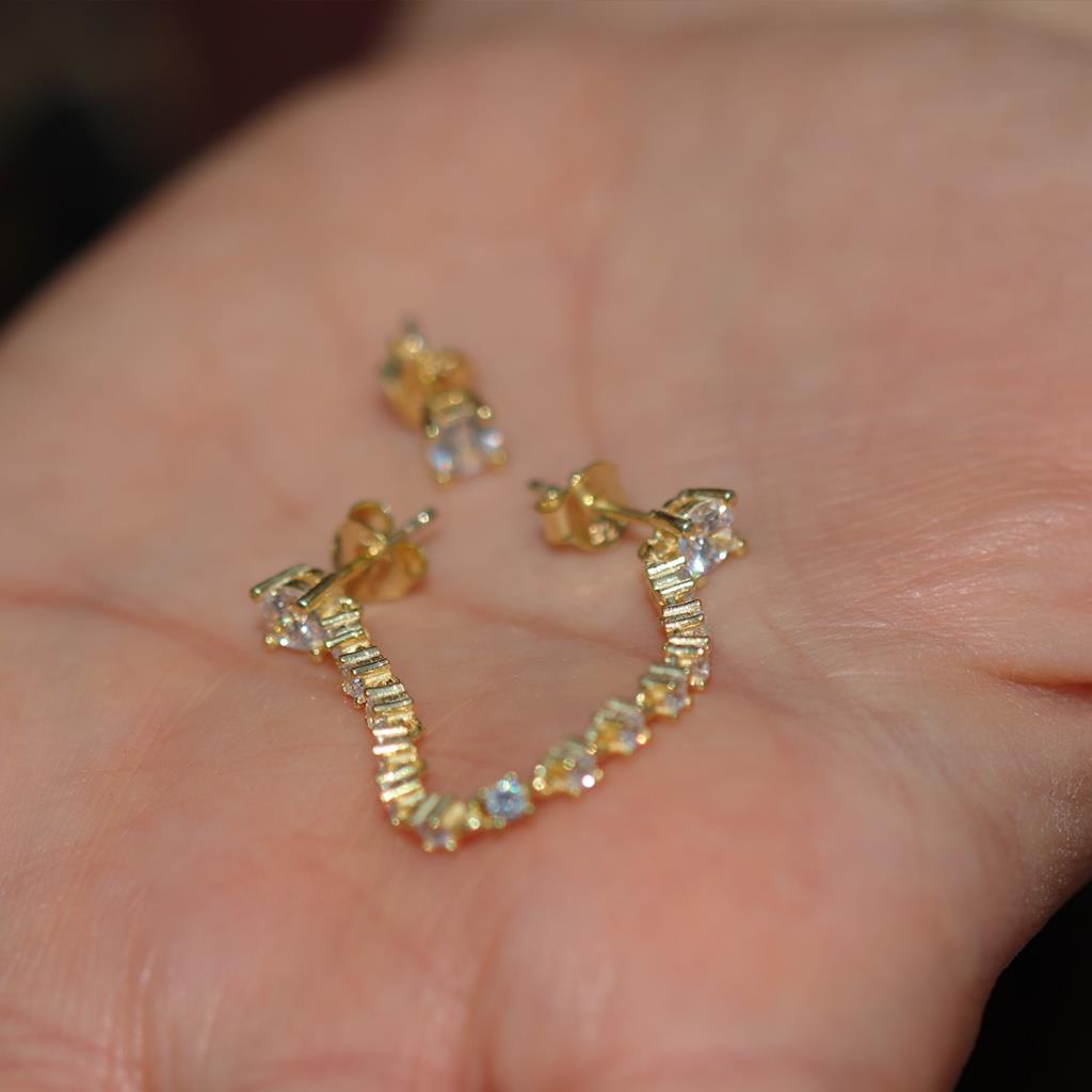 Zirkon Taşlı Gold Kaplama Zincir Küpe