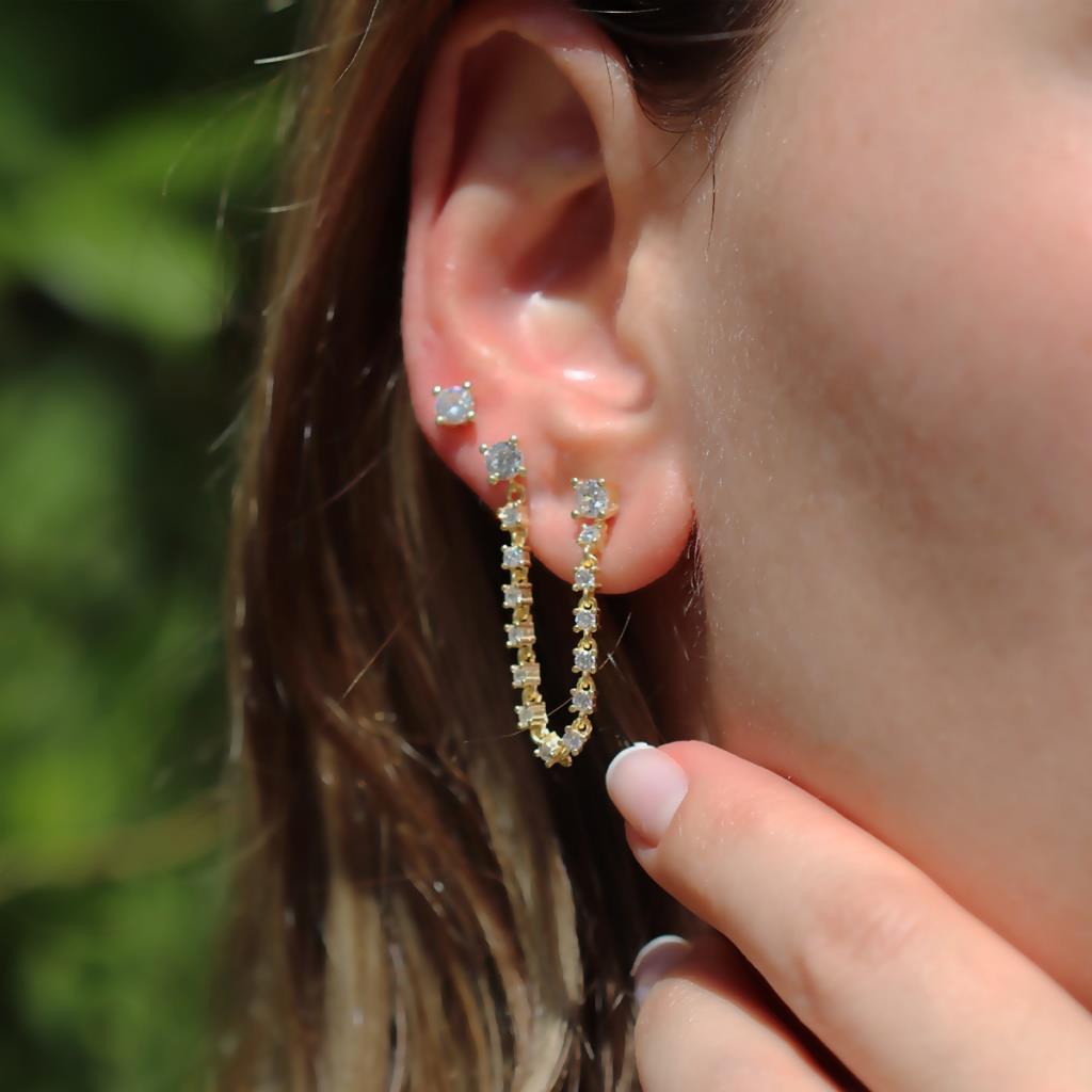 Zirkon Taşlı Gold Kaplama Zincir Küpe