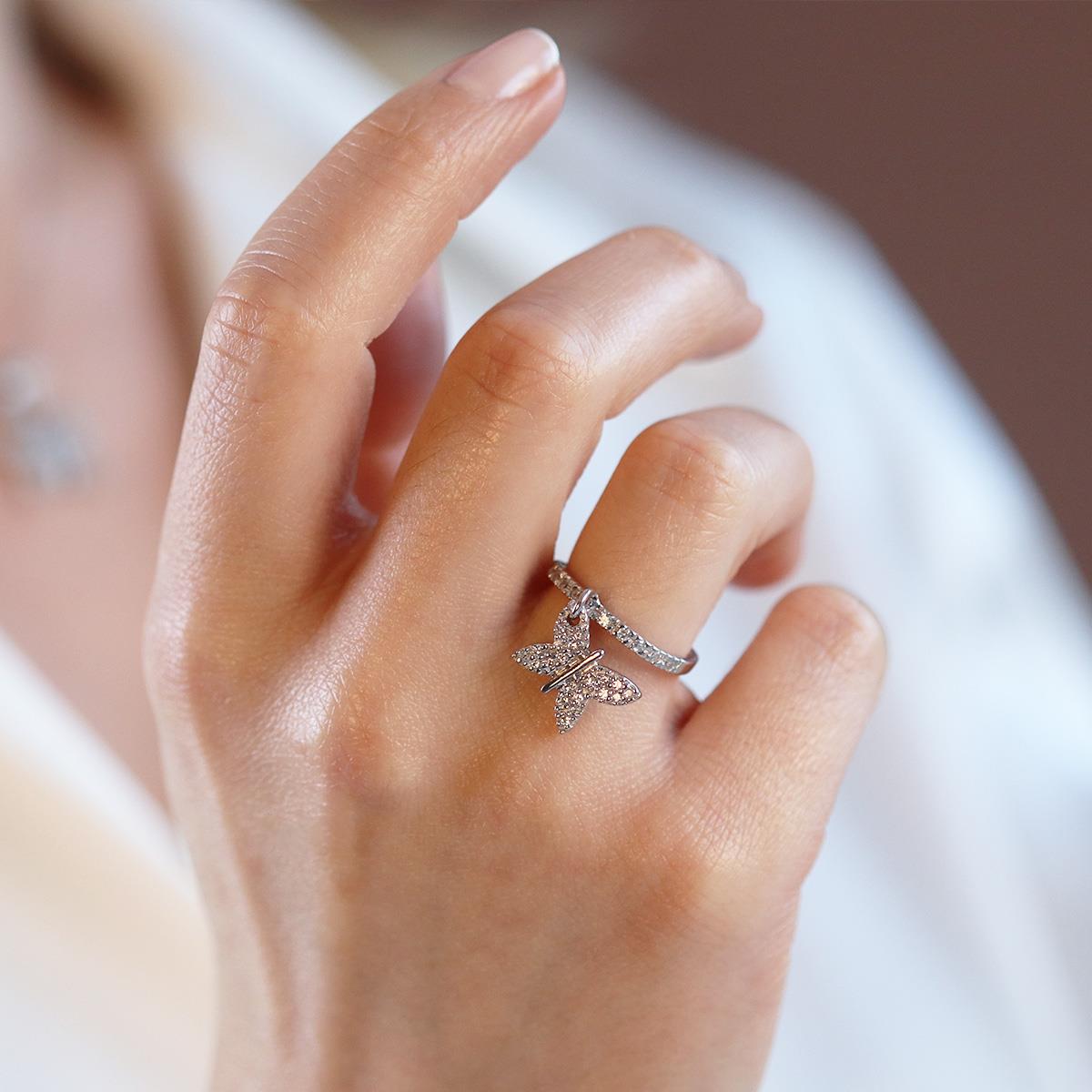 Zirkon Taşlı Hareketli  Kelebek Gümüş Yüzük