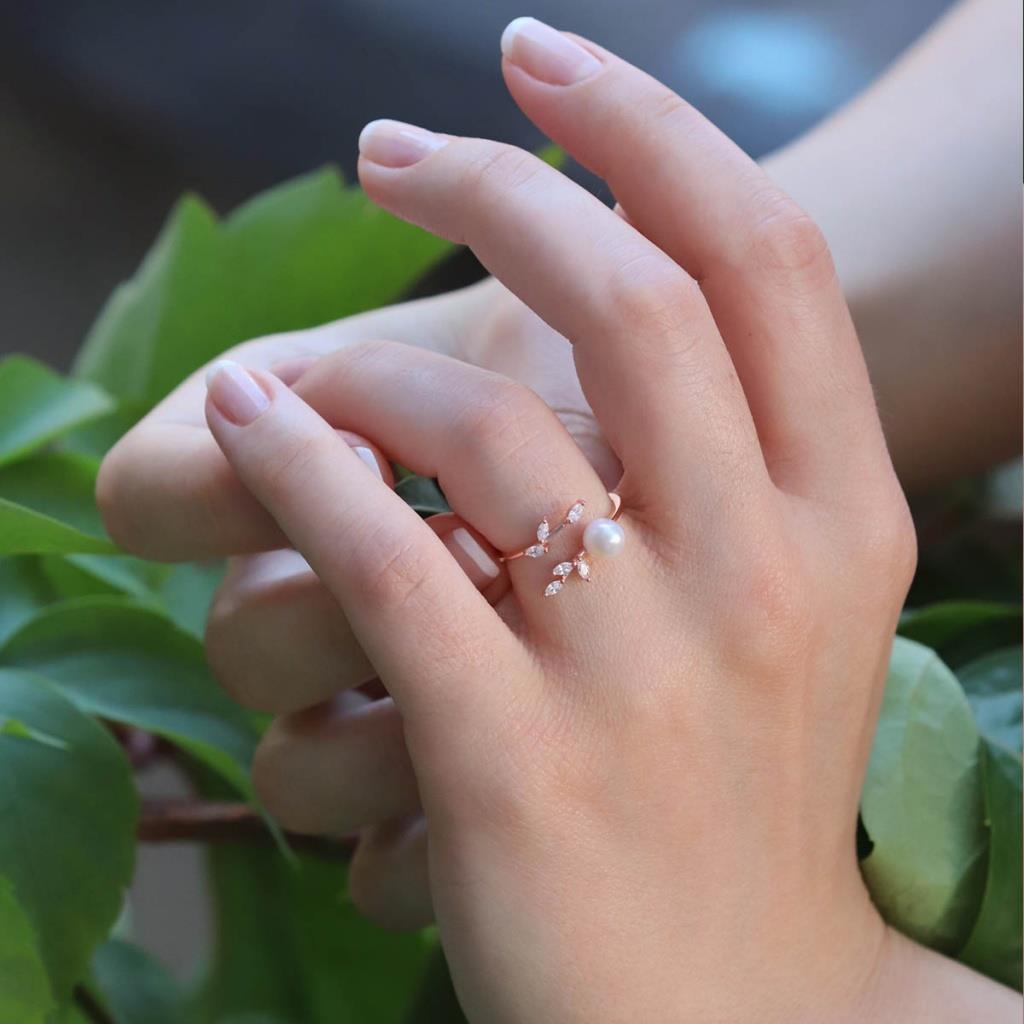 Zirkon Taşlı İnci ve Sarmaşık Minimal 925 Ayar Gümüş Rosegold Kaplama Yüzük