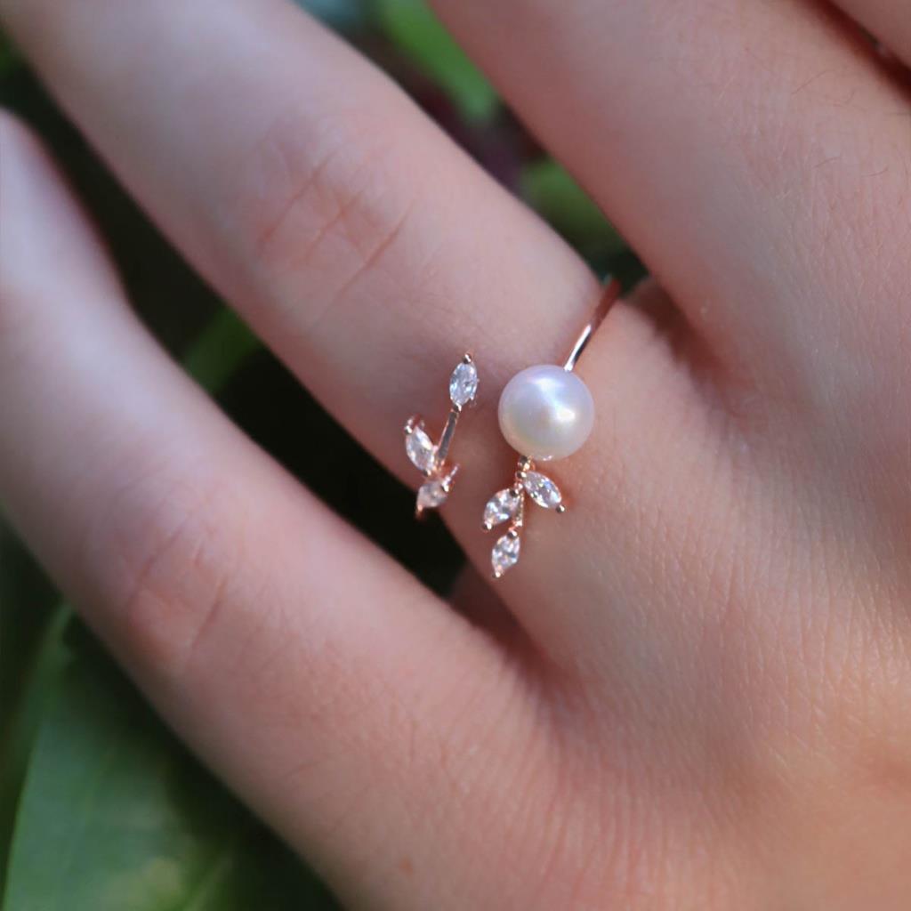 Zirkon Taşlı İnci ve Sarmaşık Minimal 925 Ayar Gümüş Rosegold Kaplama Yüzük