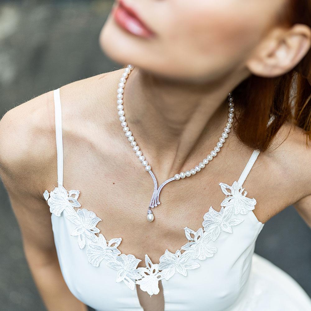 Zirkon Taşlı Kültür İncisi Gümüş Gerdanlık