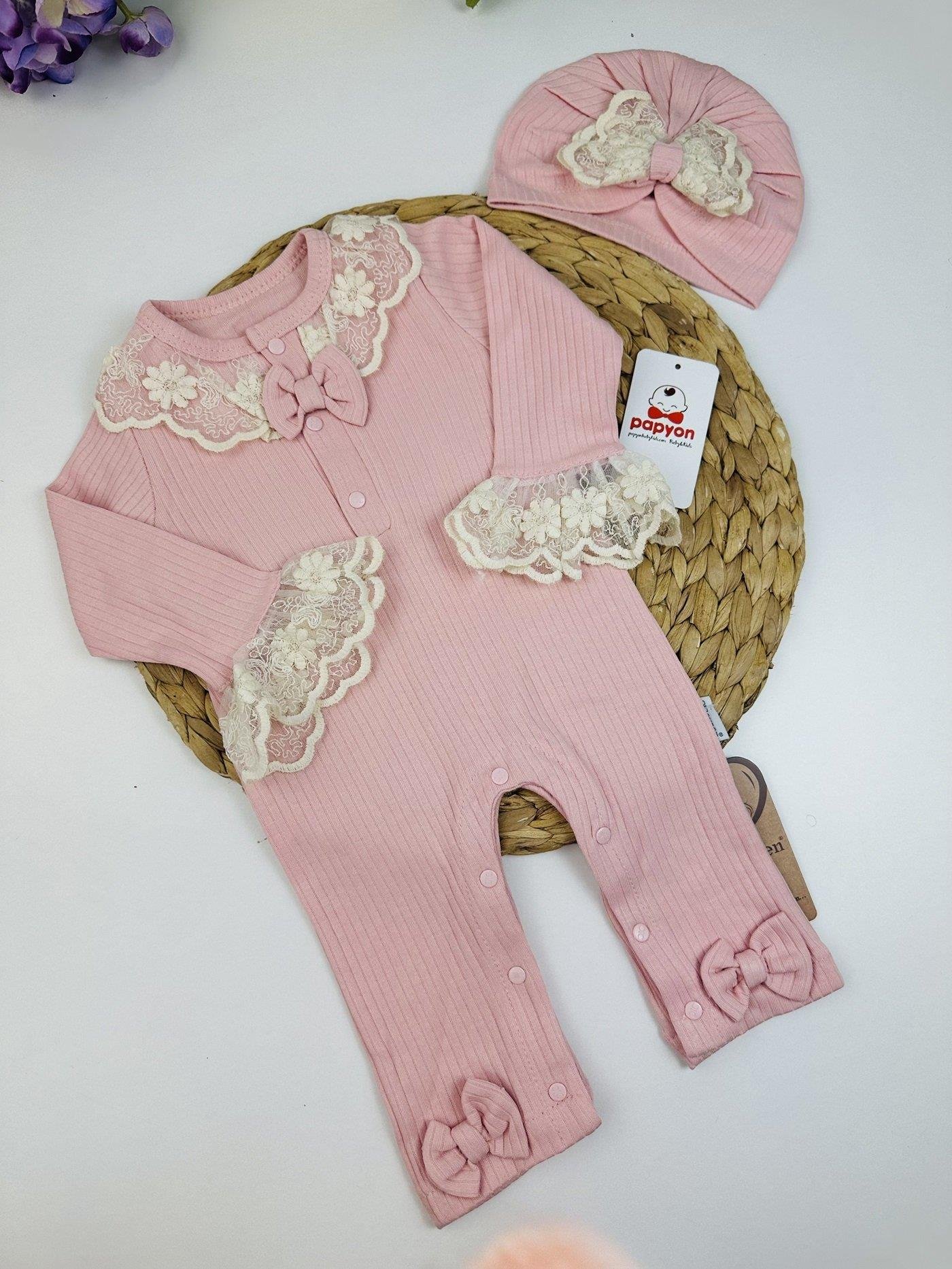 Brode İşlemeli Kız Bebek Bere Tulum Set 0-3/3-6/6-9 Ay