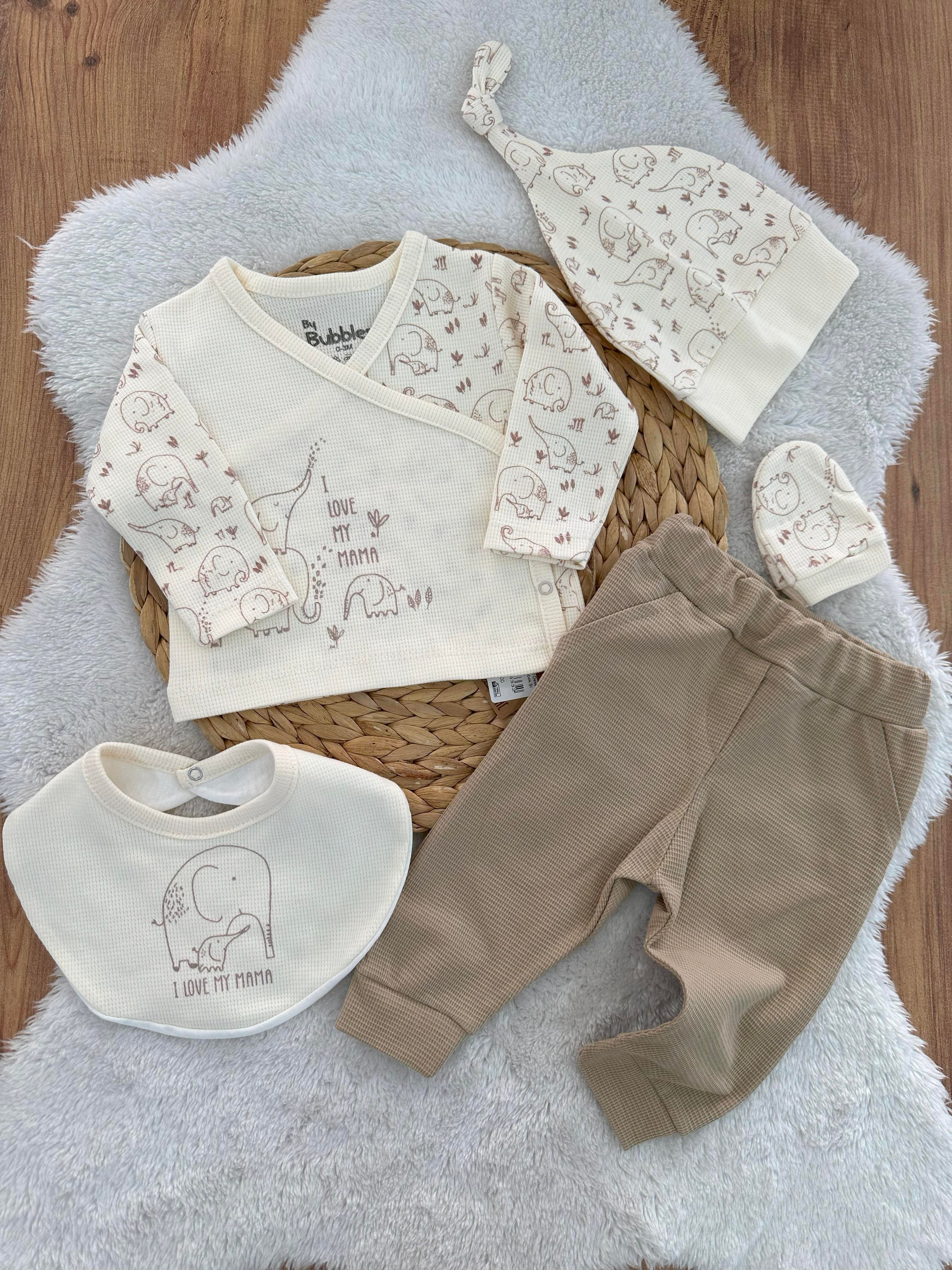 By Bubbles Fil Desenli Organik Yenidoğan Erkek Bebek 5li Zıbın Set