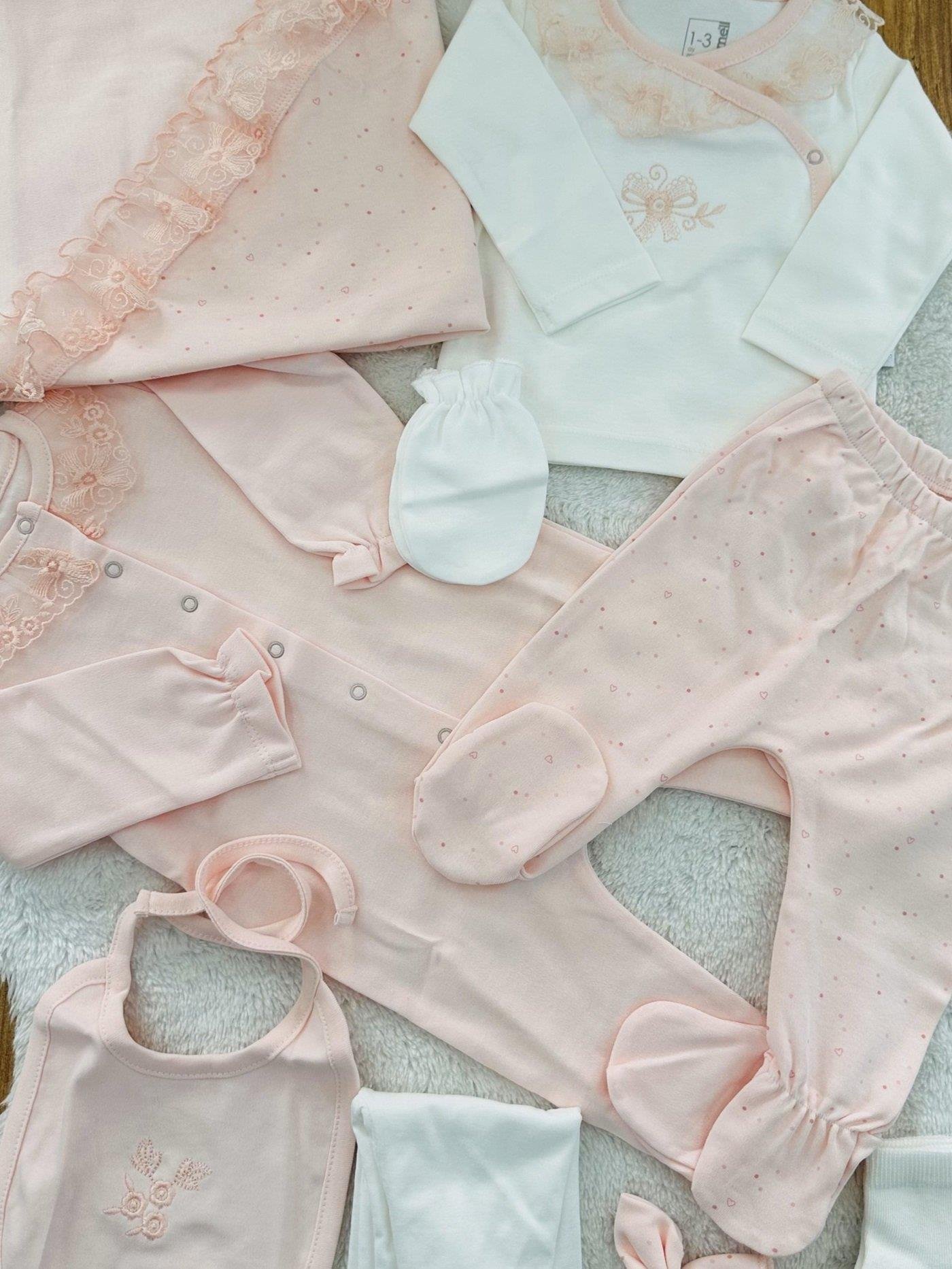 Çiçek Nakışlı Güpürlü Yenidoğan Kız Bebek 10lu Hastane Çıkış Seti