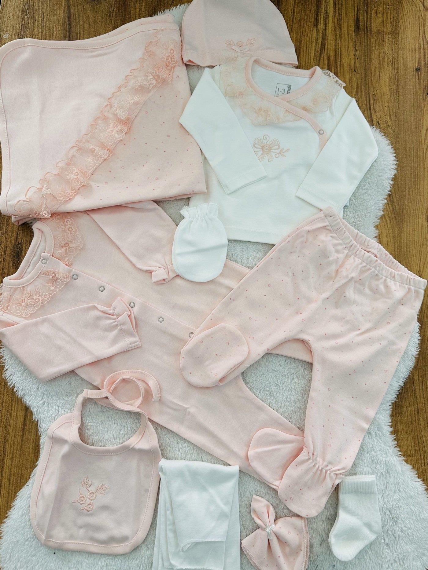 Çiçek Nakışlı Güpürlü Yenidoğan Kız Bebek 10lu Hastane Çıkış Seti