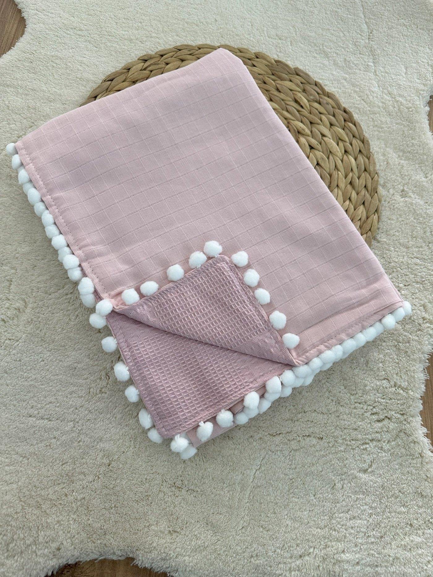 Gülkurusu Müslin Pike Çift Kat Çift Taraflı Ponponlu Bebek Battaniyesi 85x110 Cm