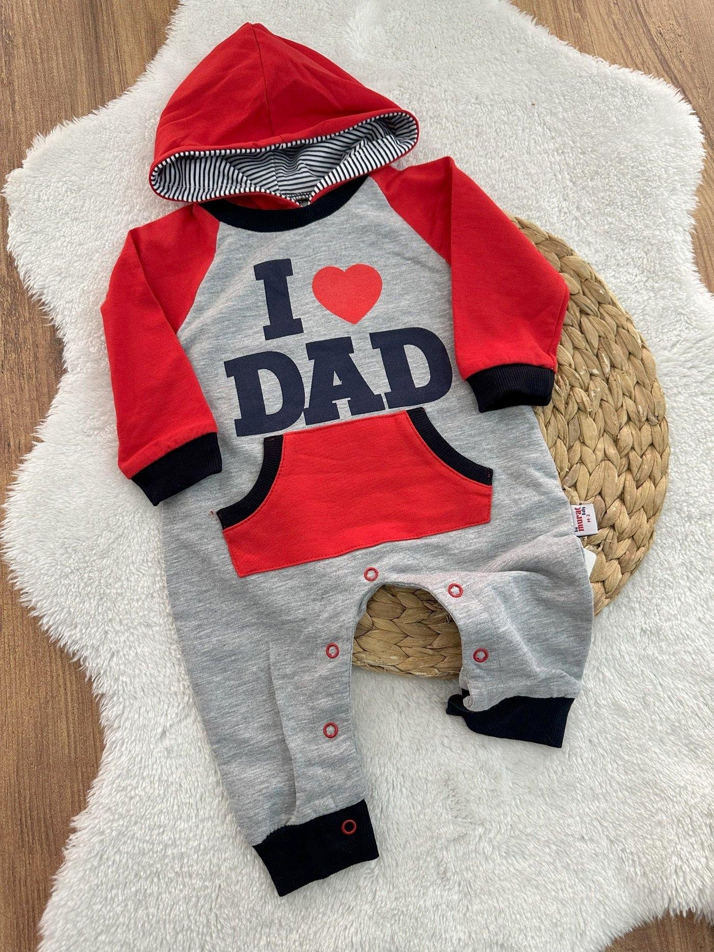 I Kalp Dad Baskılı Kapüşonlu Uniseks Bebek Tulum 0-3/3-6/6-9/9-12 Ay