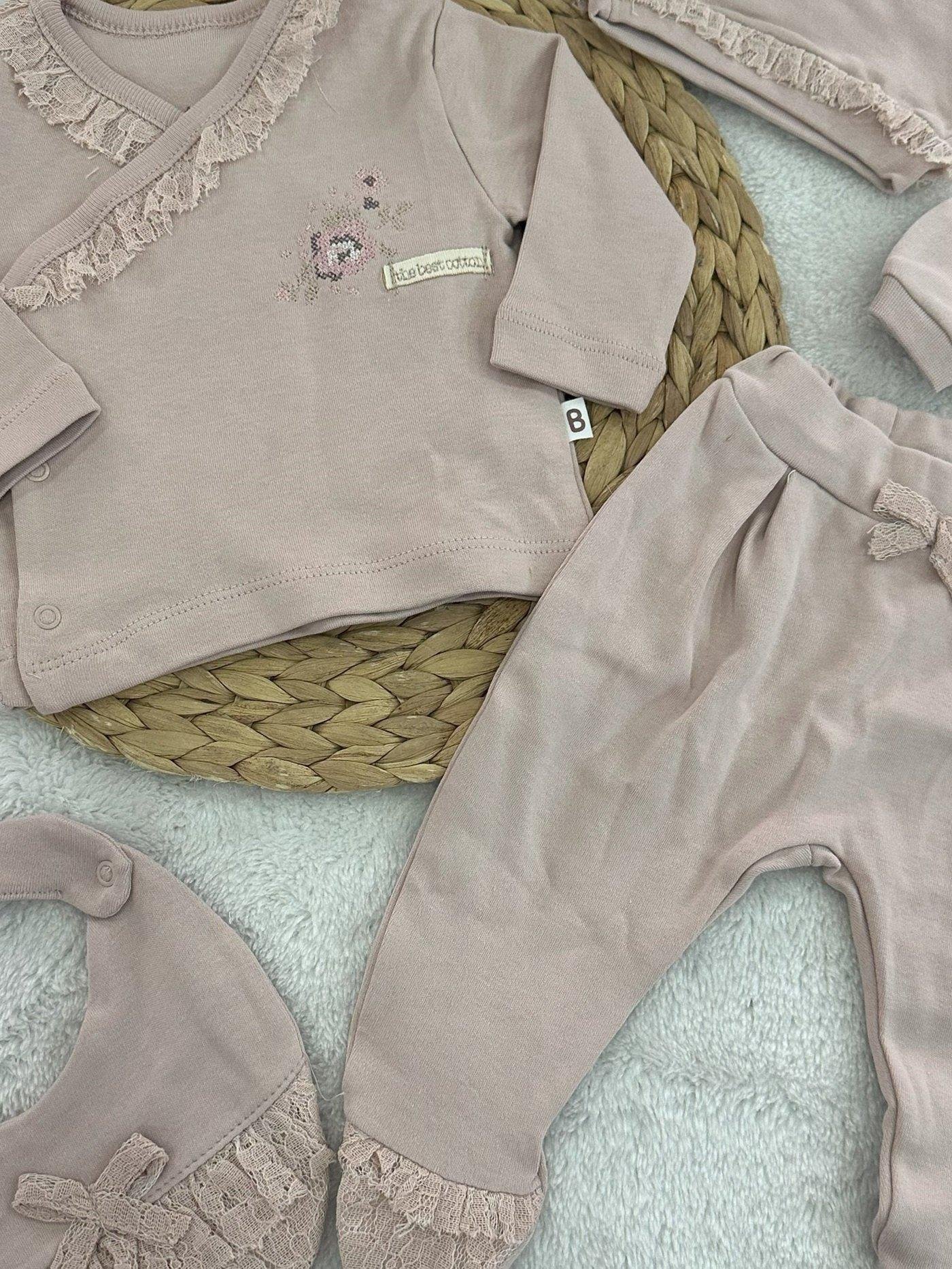 Kanaviçeli Yenidoğan Kız Bebek Organik 5li Zıbın Set Hastane Çıkışı