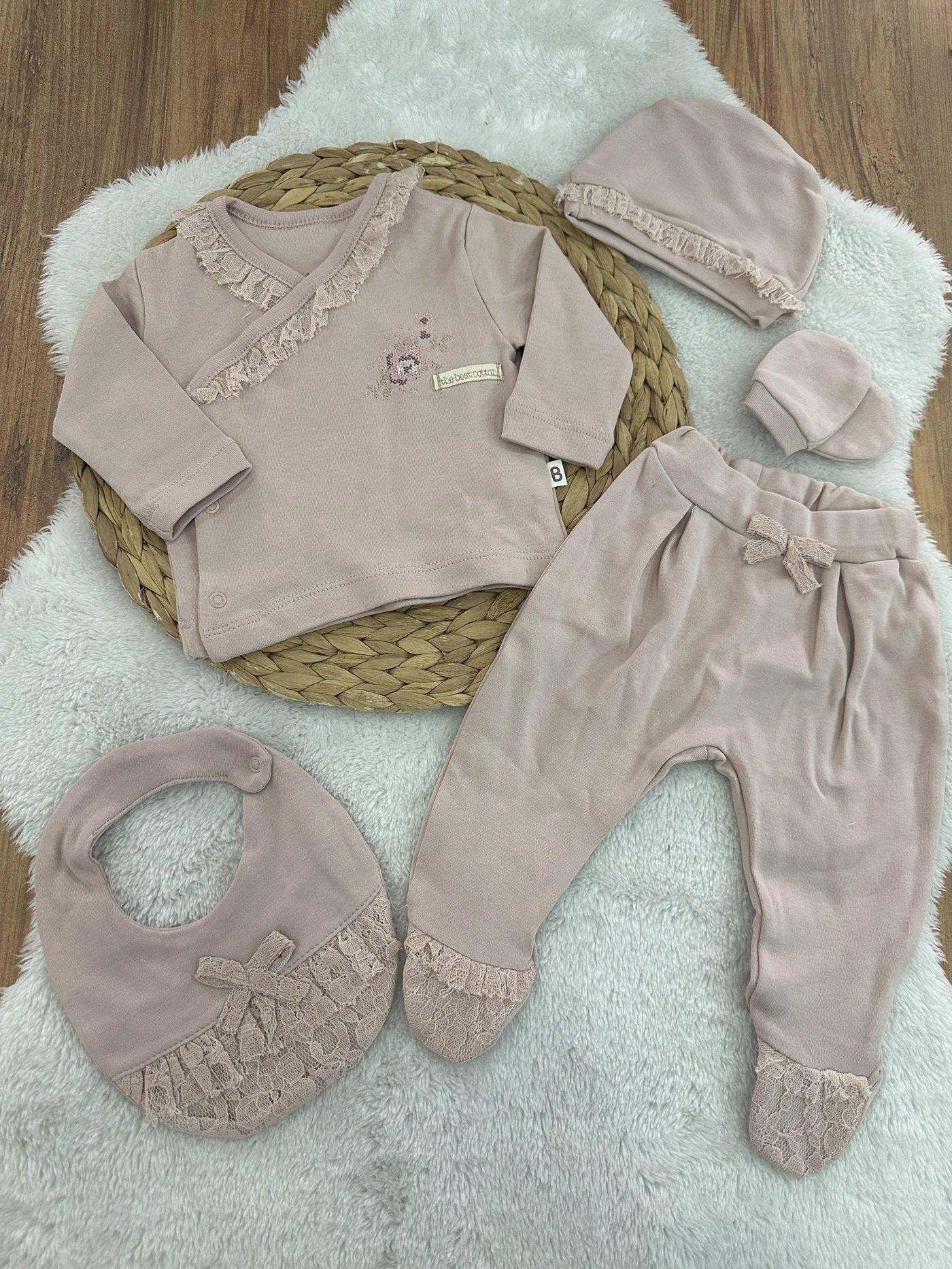 Kanaviçeli Yenidoğan Kız Bebek Organik 5li Zıbın Set Hastane Çıkışı