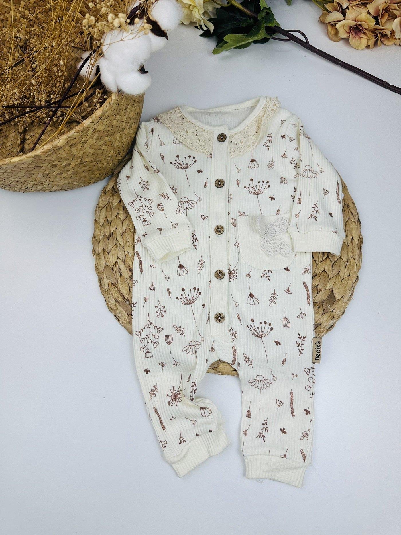 Kilva Yaka Dantelli Organik Kız Bebek Manşetli Tulum 3-6/6-9/9-12 Ay