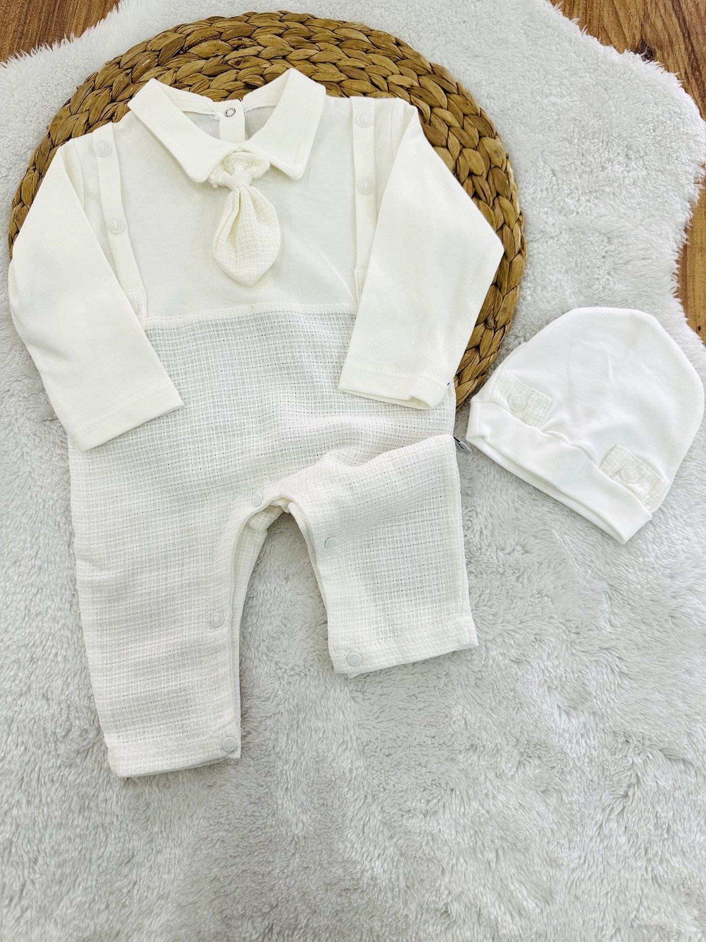 Kravatlı Erkek Bebek Dokuma Tulum Bere Set 0-3/3-6/6-9 Ay