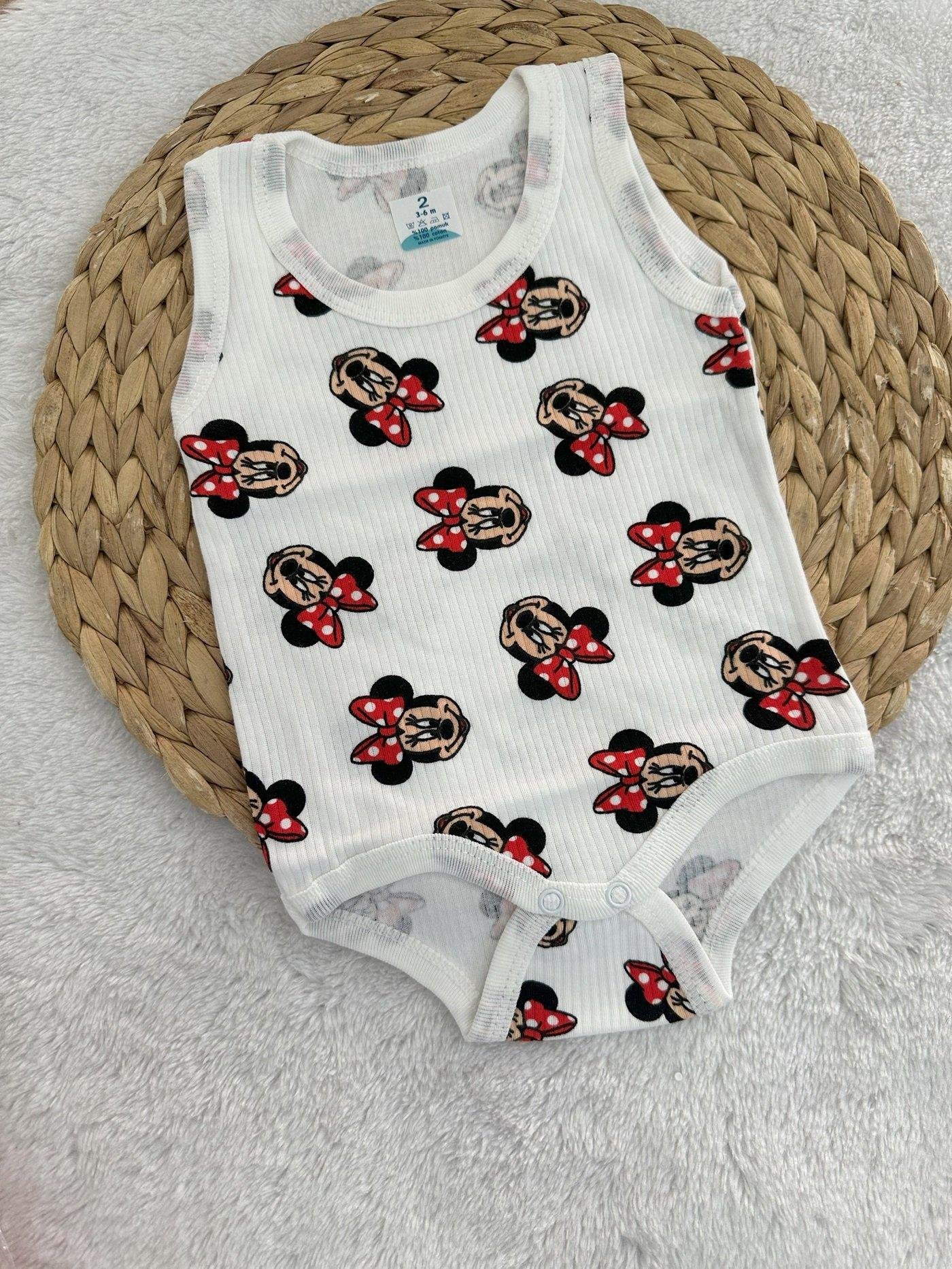 Minnie Baskılı Raporlu Kumaş Kız Bebek Çıtçıtlı Badi Zıbın 0-3/3-6/6-9/9-12/12-18/18-24 Ay 2-3/3-4 Yaş