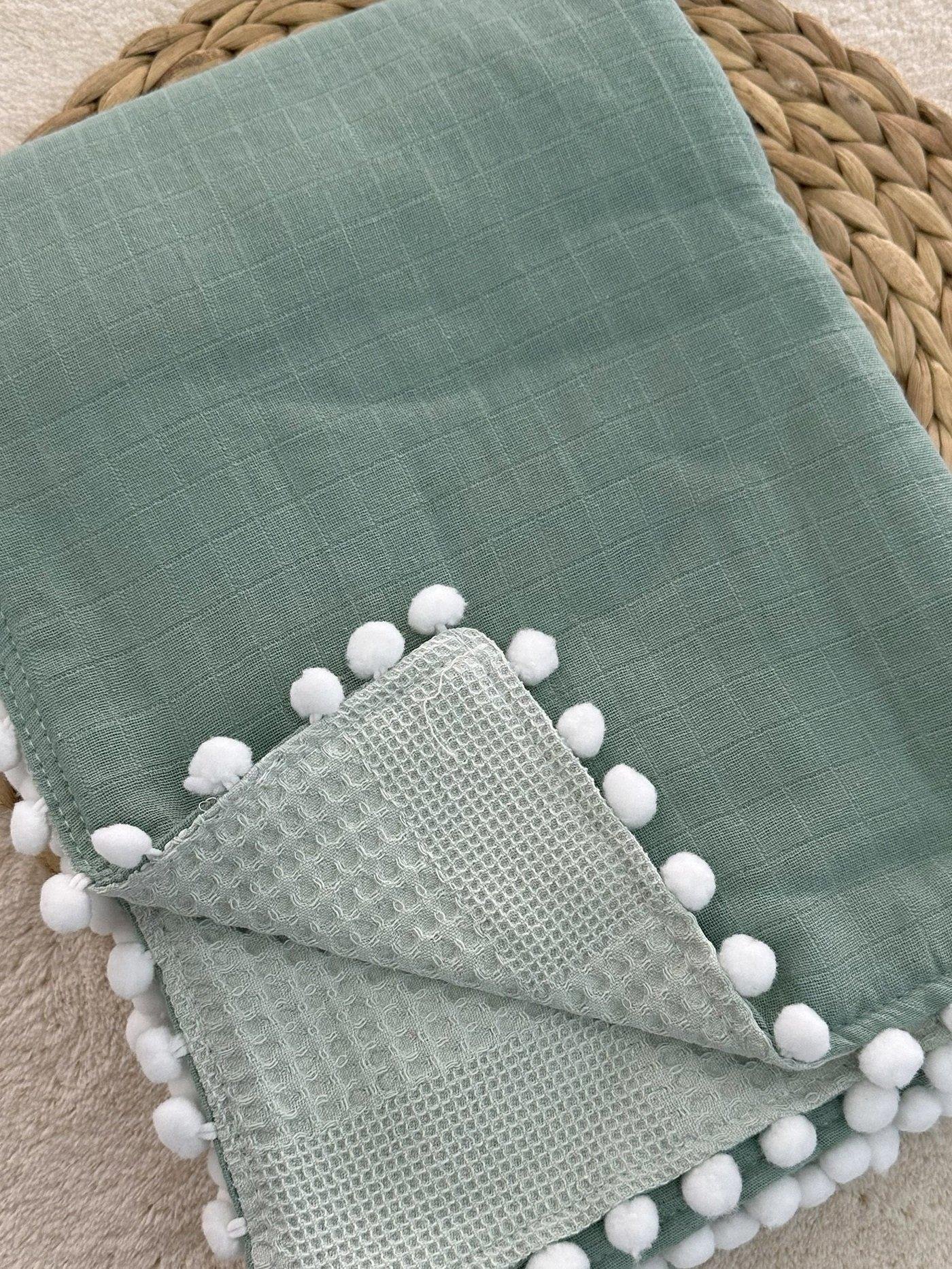 Mint Müslin Pike Çift Kat Çift Taraflı Ponponlu Bebek Battaniyesi 85x110 Cm