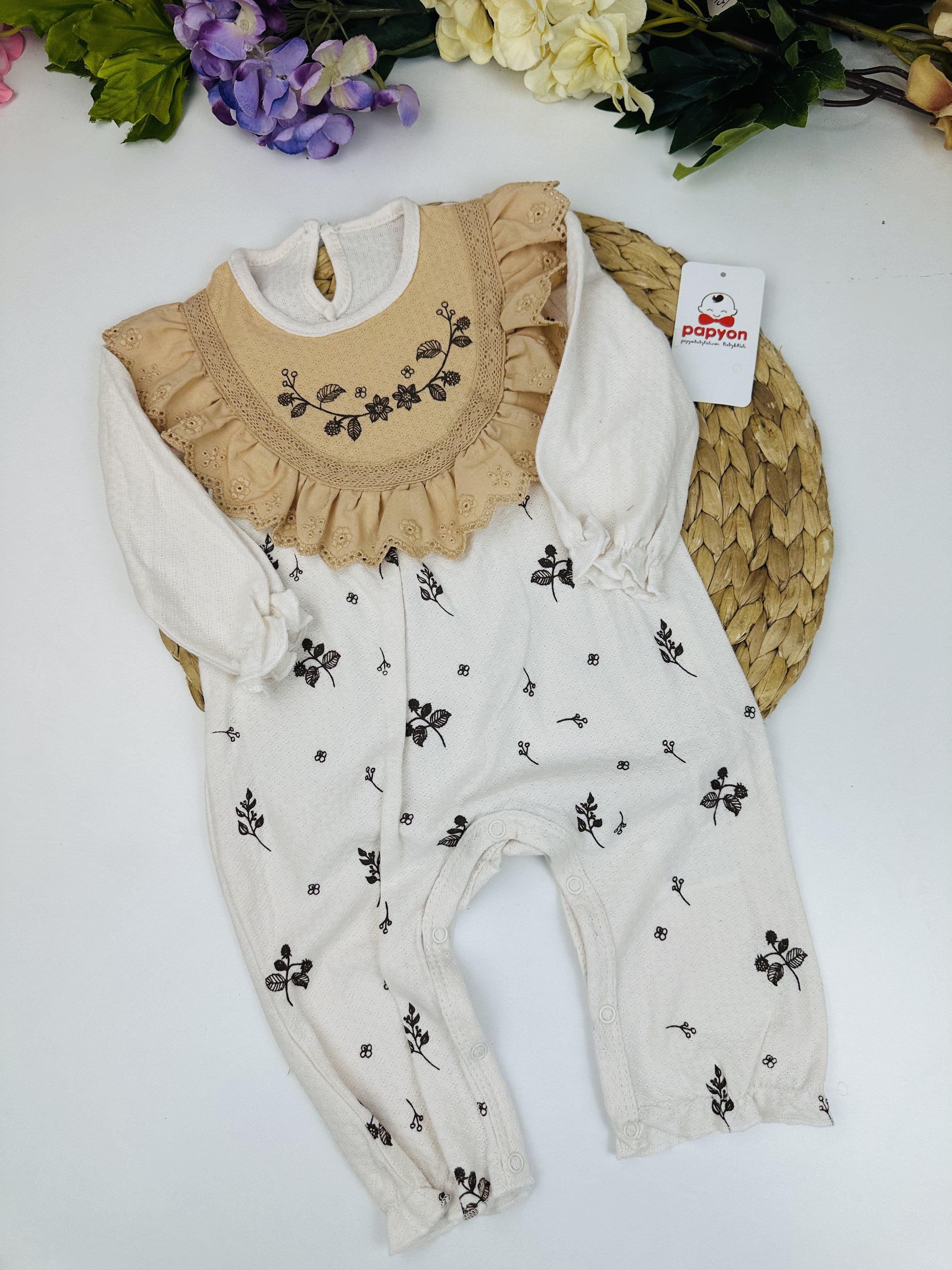 Yakutia Dantelli Çiçekli Kız Bebek Organik Tulum 3-6/6-9/9-12 Ay