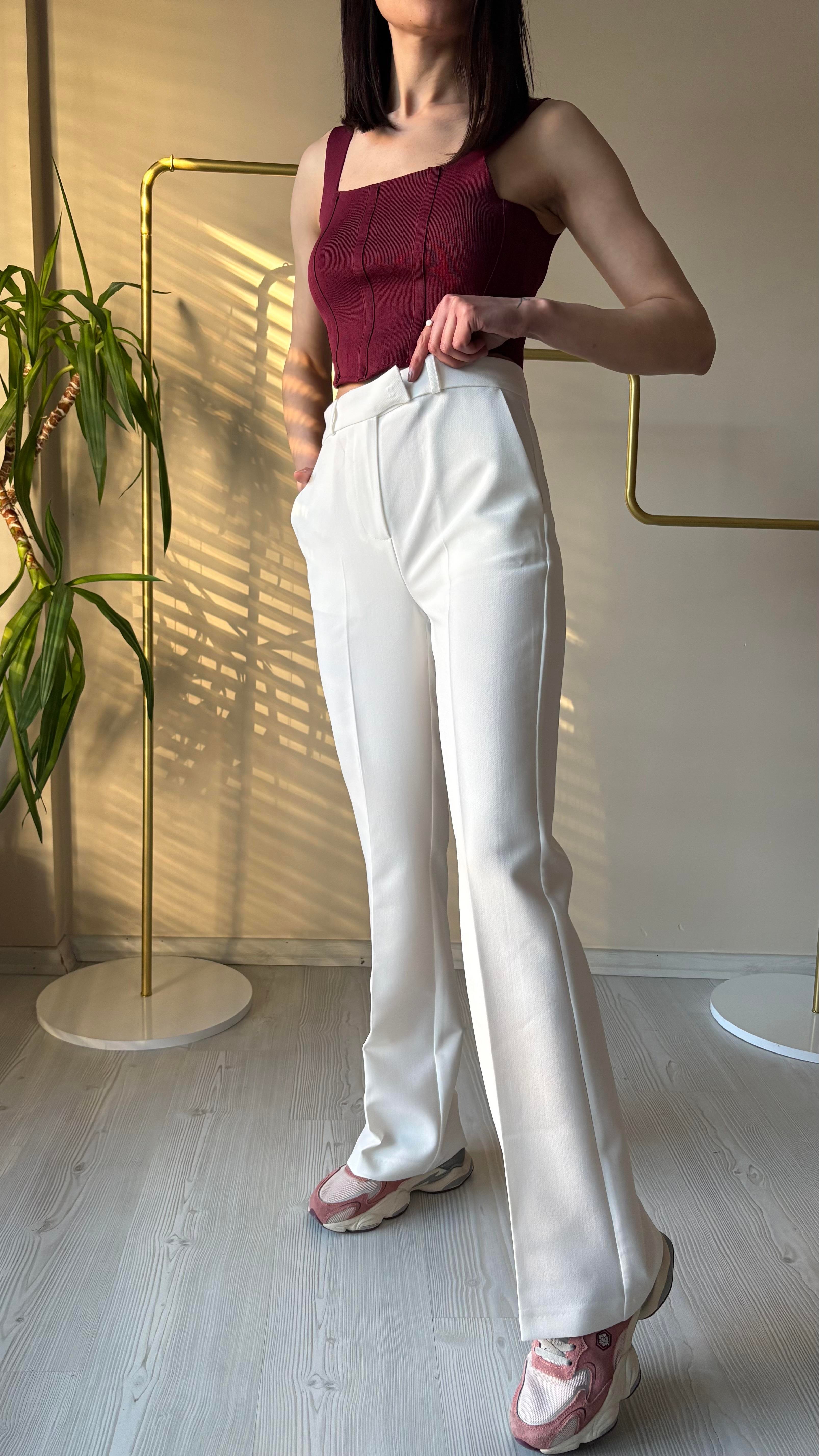 Beyaz Dabıl kumaş İspanyol Pantolon 