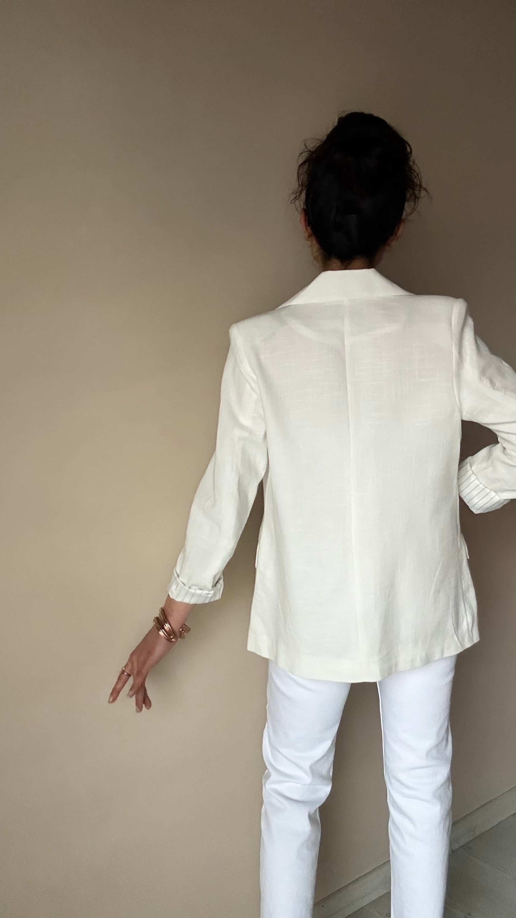 Beyaz Keten Çizgi Astar Blazer Ceket