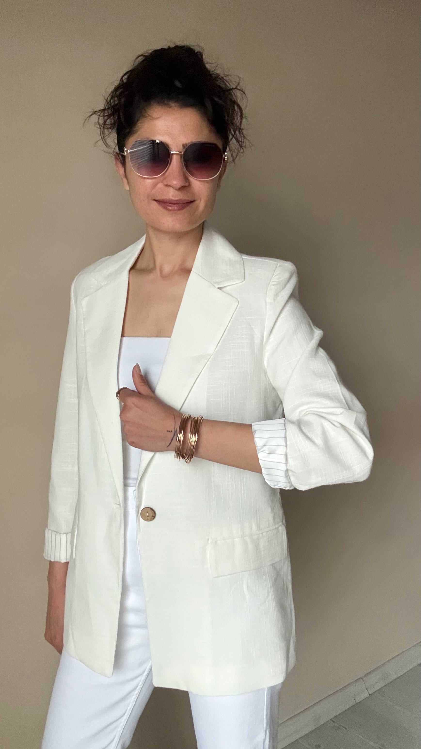 Beyaz Keten Çizgi Astar Blazer Ceket