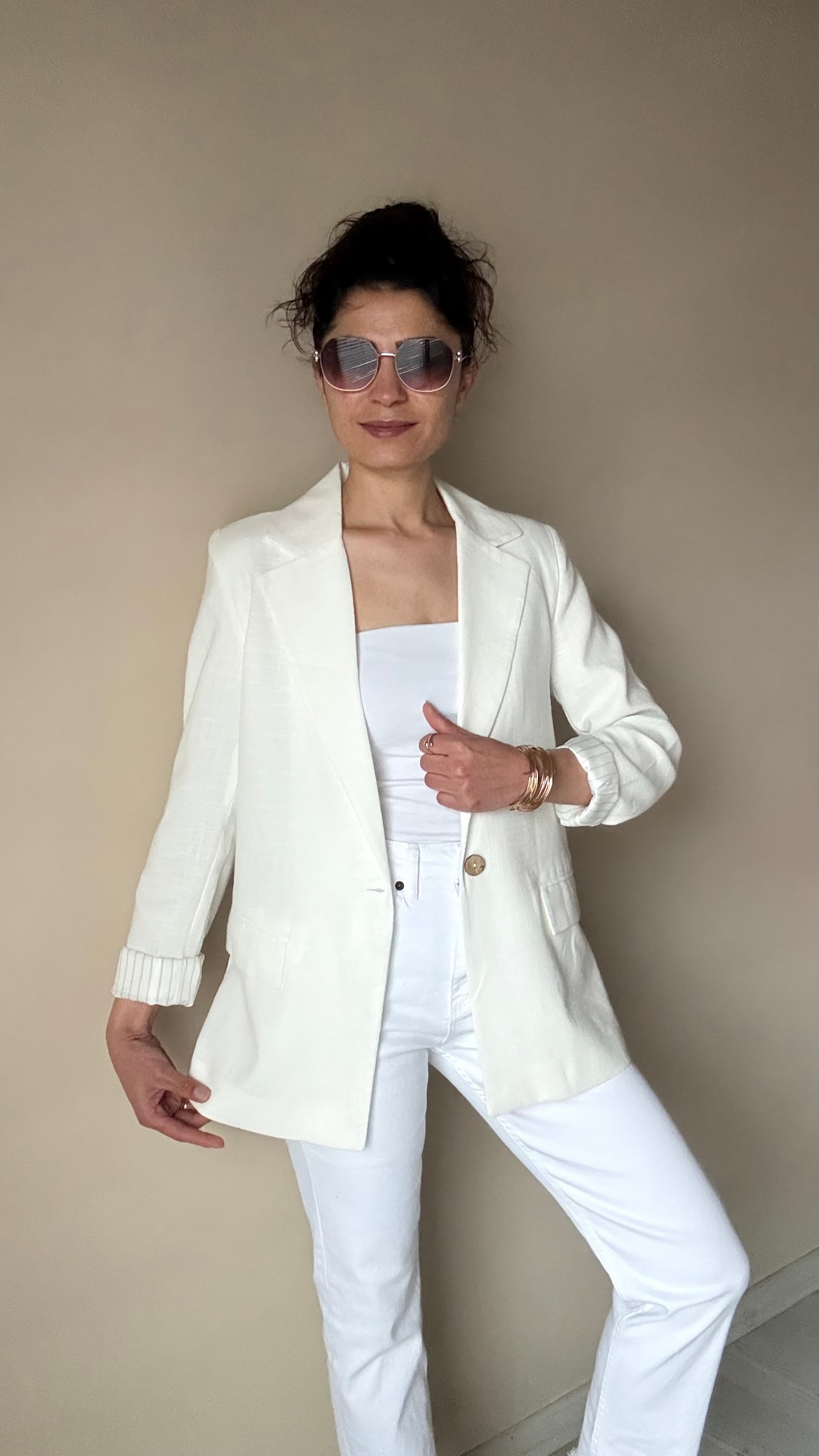 Beyaz Keten Çizgi Astar Blazer Ceket