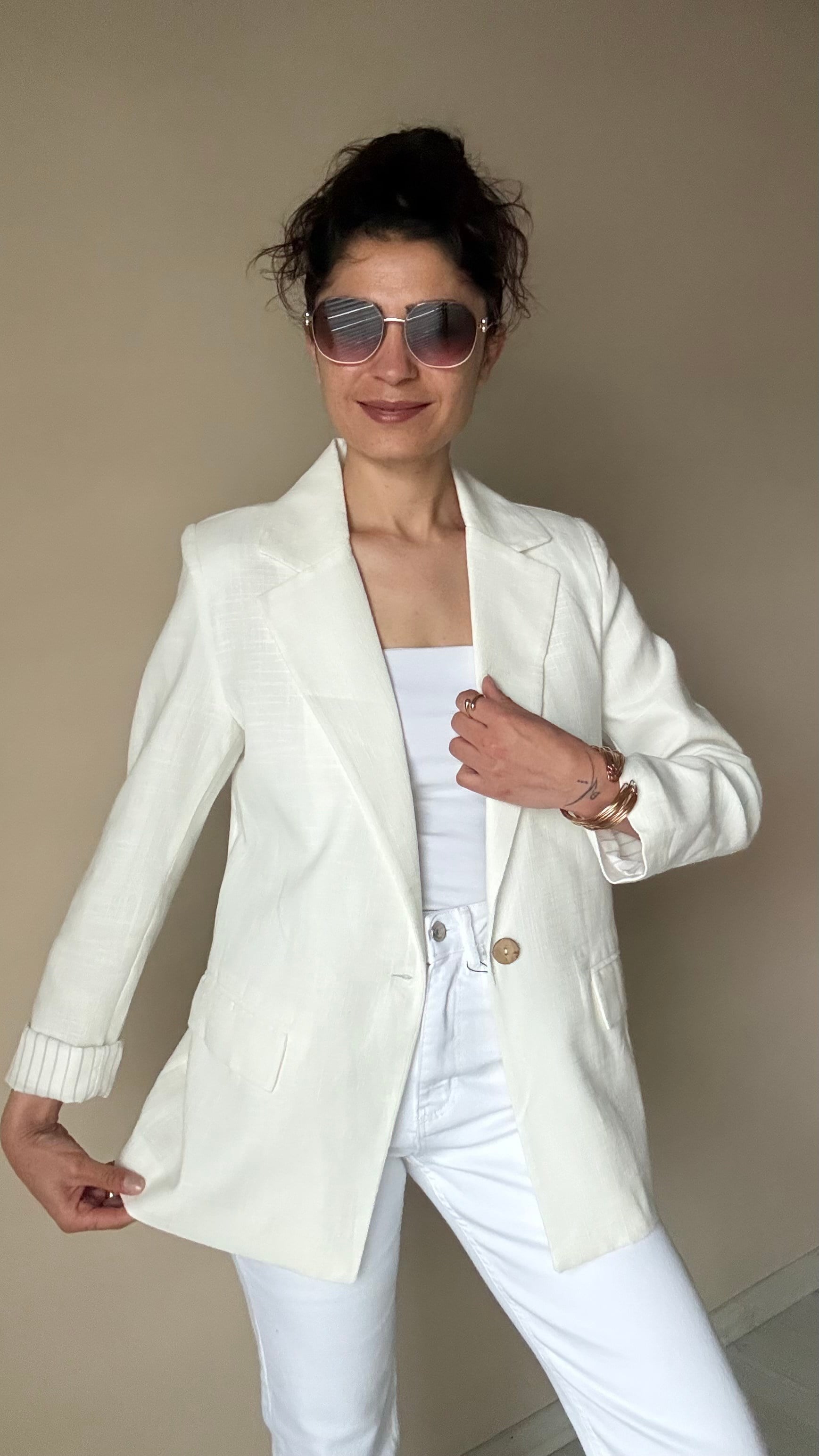 Beyaz Keten Çizgi Astar Blazer Ceket