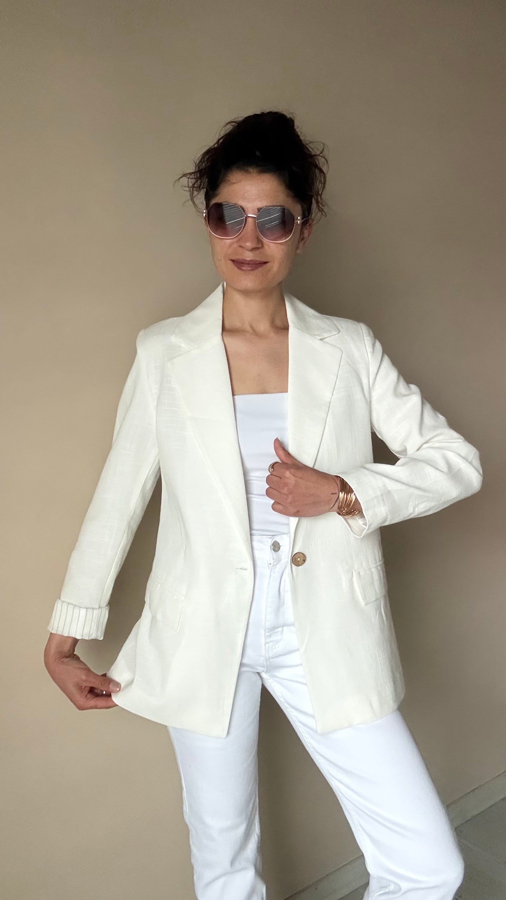 Beyaz Keten Çizgi Astar Blazer Ceket