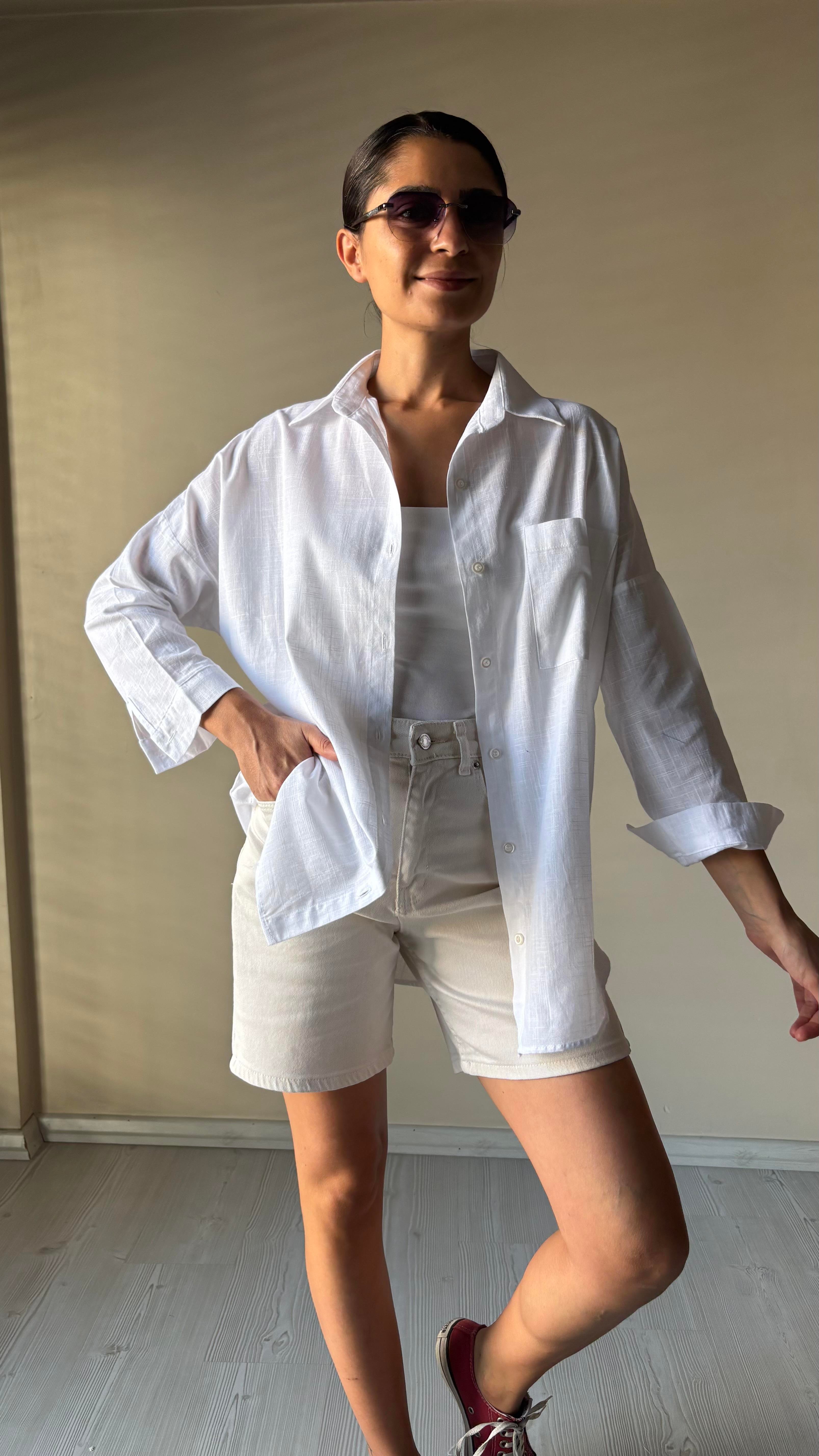 Beyaz oversize Keten Gömlek