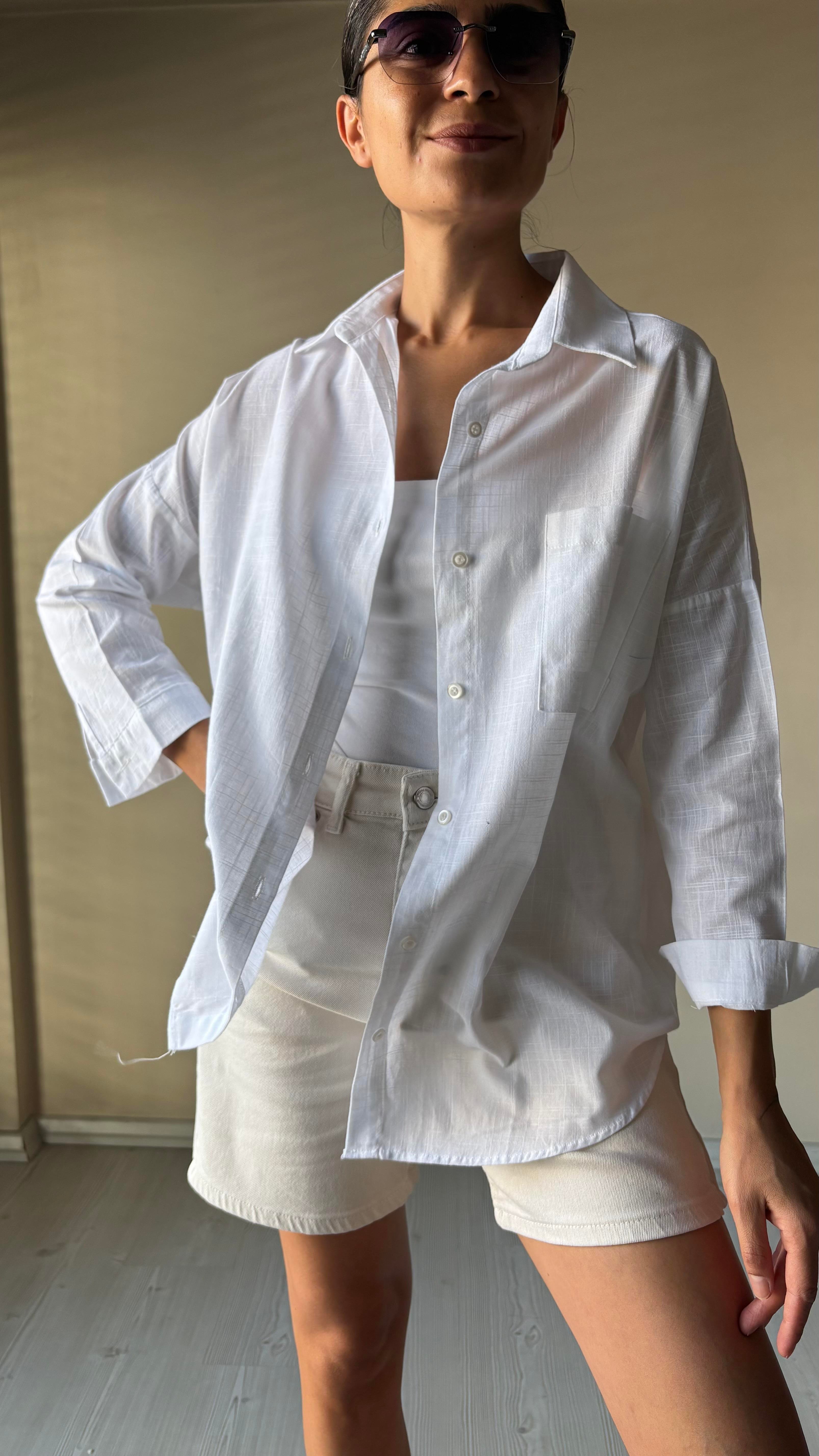 Beyaz oversize Keten Gömlek