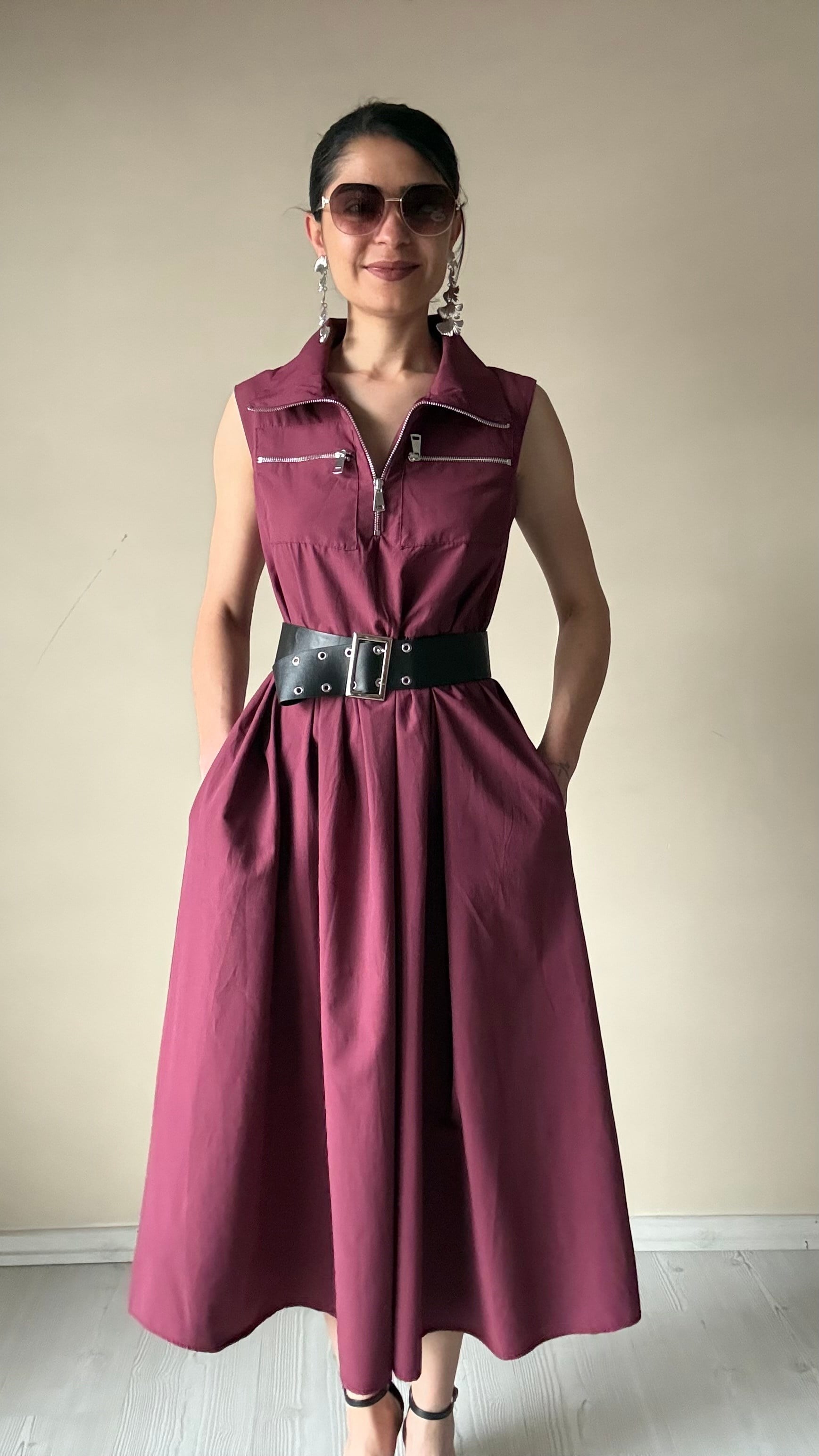 Bordo Kemerli Pamuklu Poplin Elbise