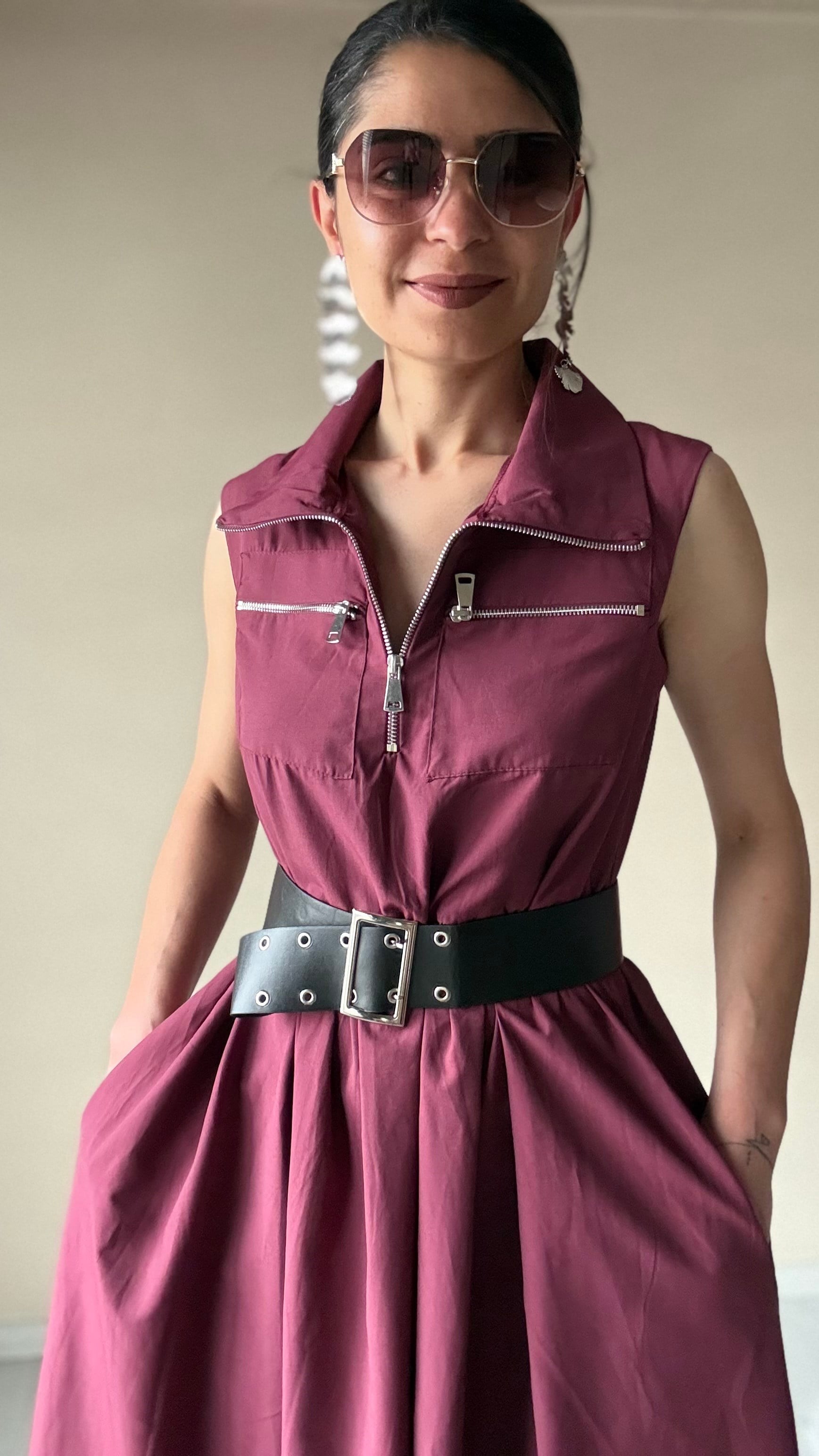 Bordo Kemerli Pamuklu Poplin Elbise
